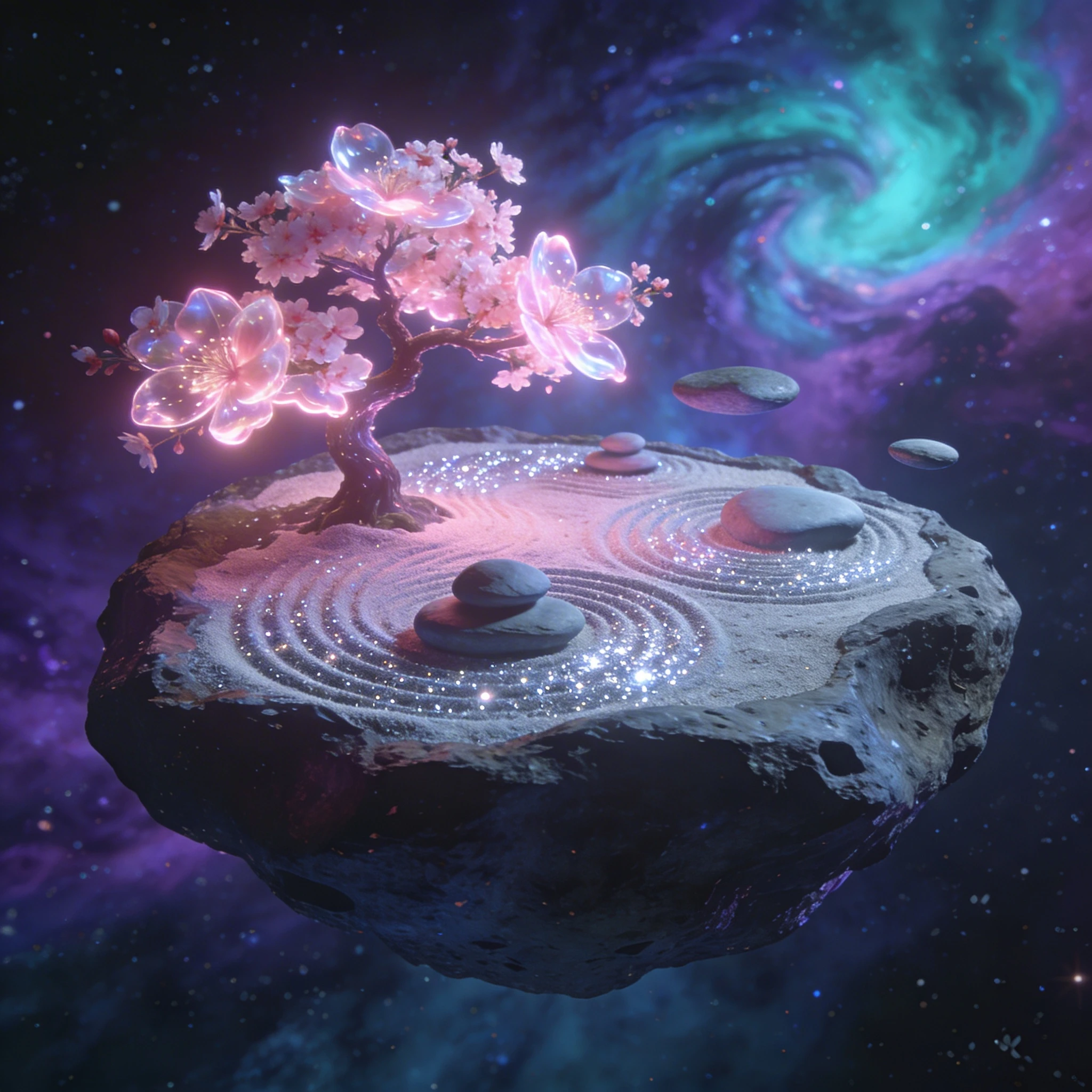 Биолюминесцентный дзен-сад на астероиде — Seedream 4.5 промт