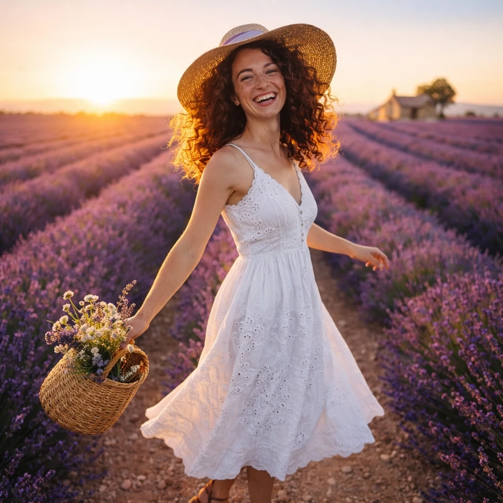 Блогер в лавандовом Провансе — GPT Image 1.5 промт