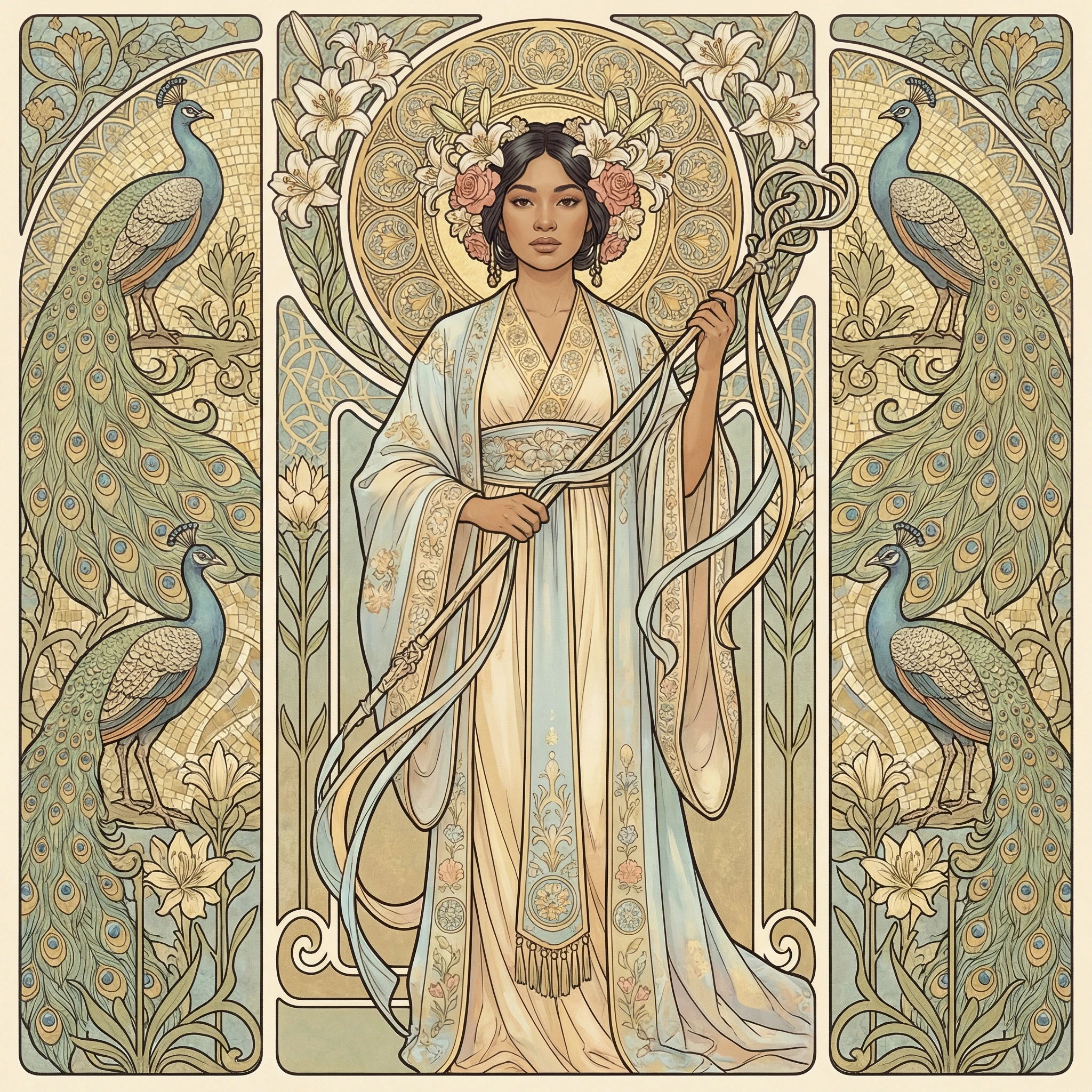 Богиня в стиле ар-нуво Альфонса Мухи — Nano Banana Pro промт