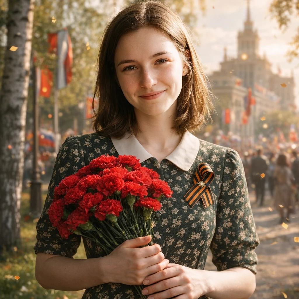 День Победы: Портрет с гвоздиками — GPT Image 1.5 промт