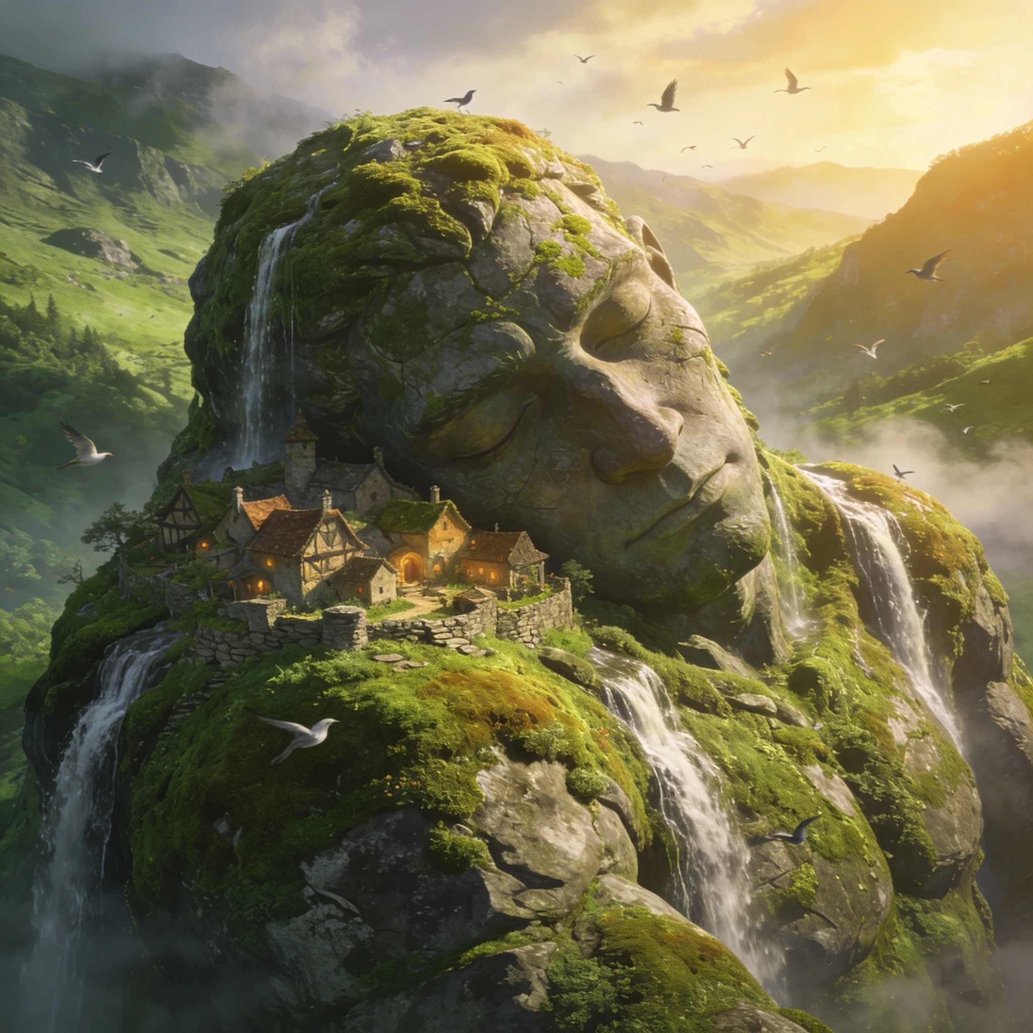 Деревня на спине спящего гиганта — Seedream 4.5 промт