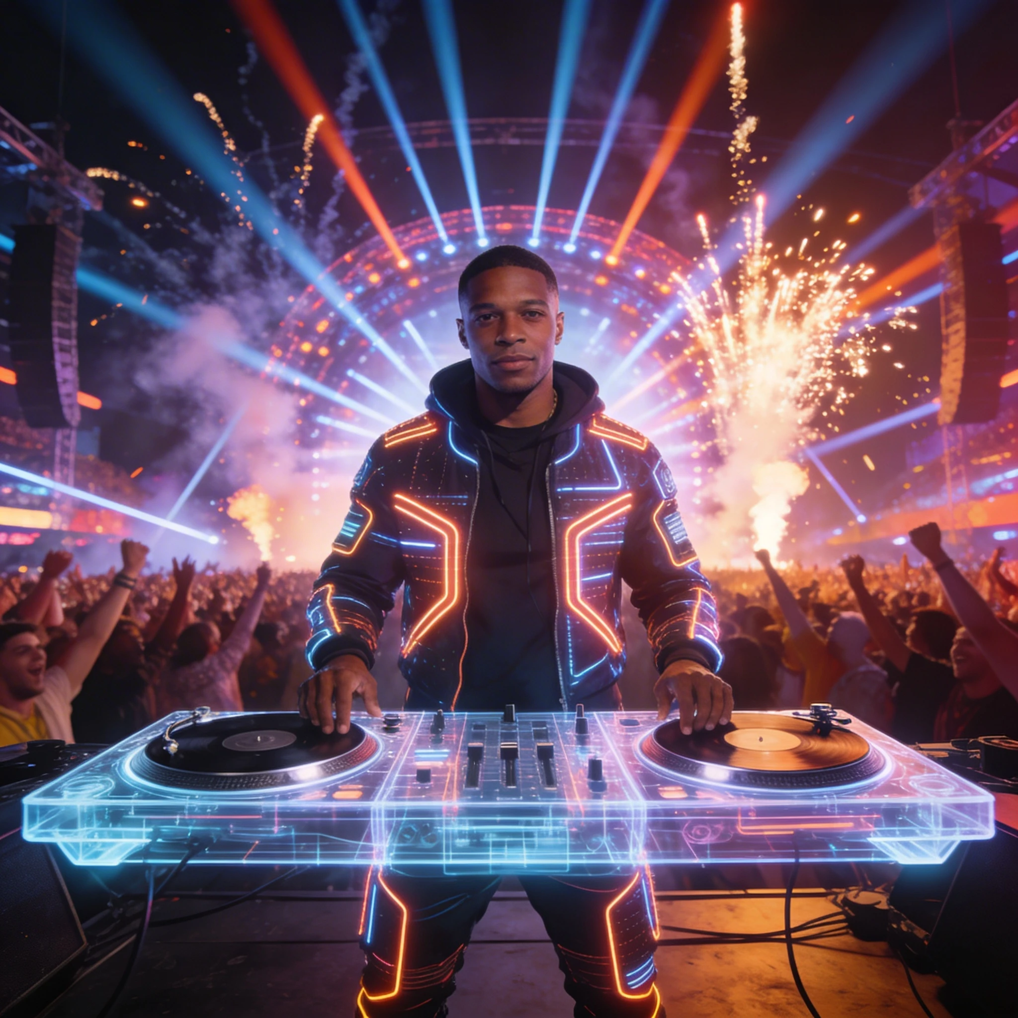 Диджей на футуристическом фестивале — Seedream 4.5 промт