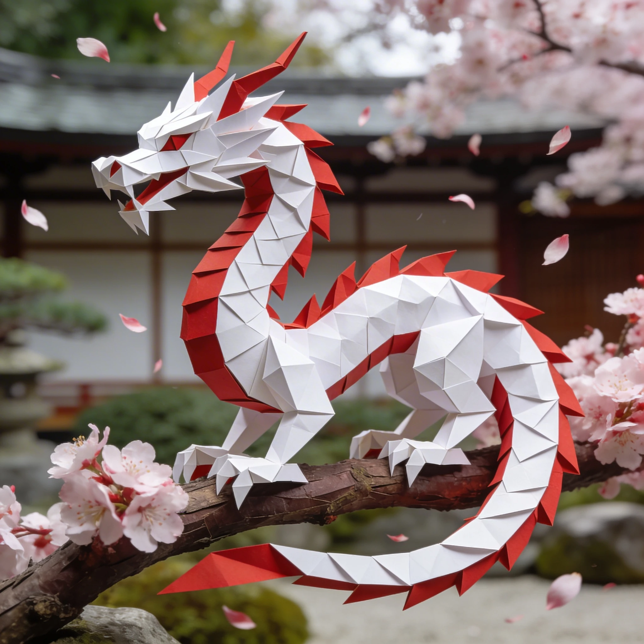 Дракон из оригами в саду сакуры — Seedream 4.5 промт