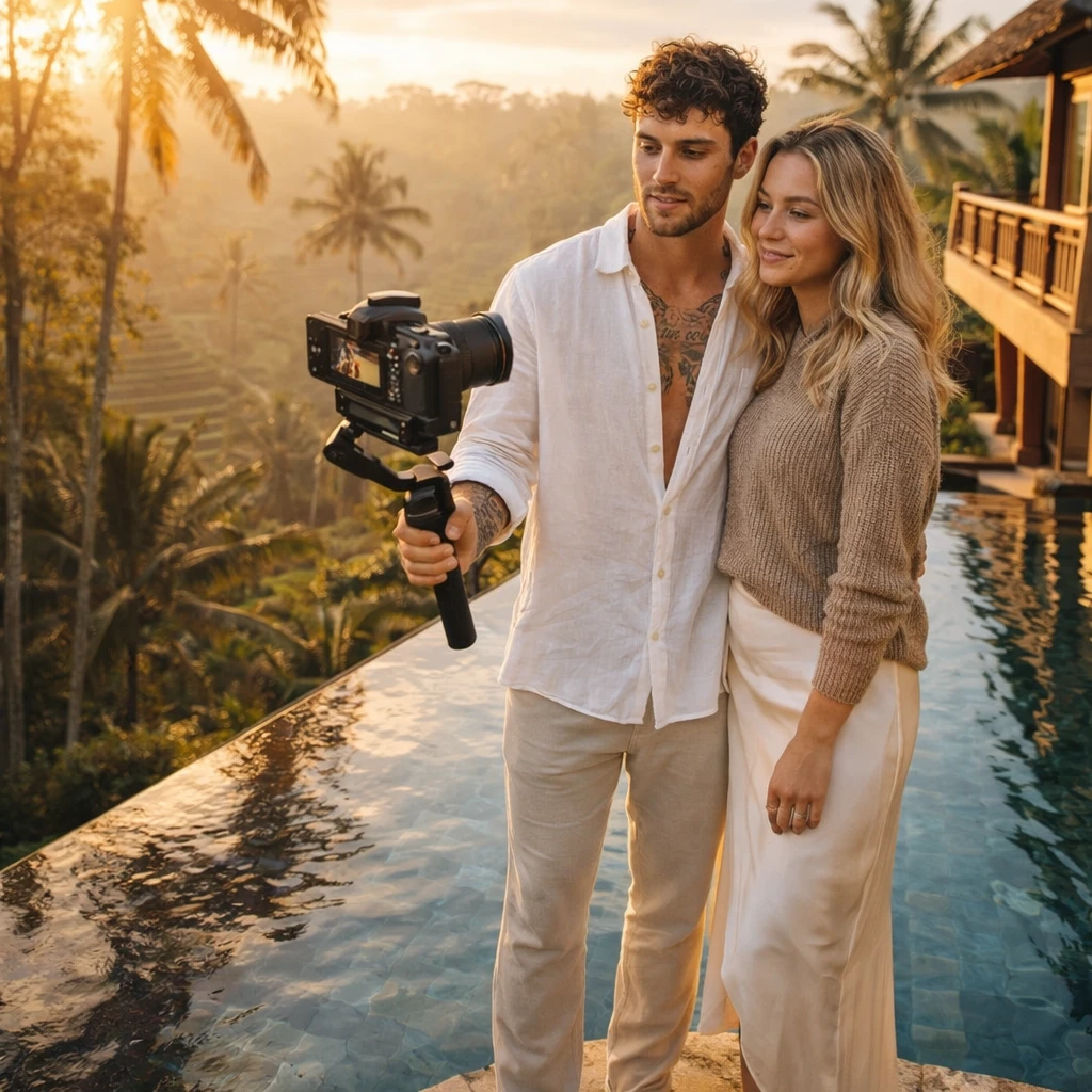 Дуэт на Бали: Тревел-Блогеры — GPT Image 1.5 промт
