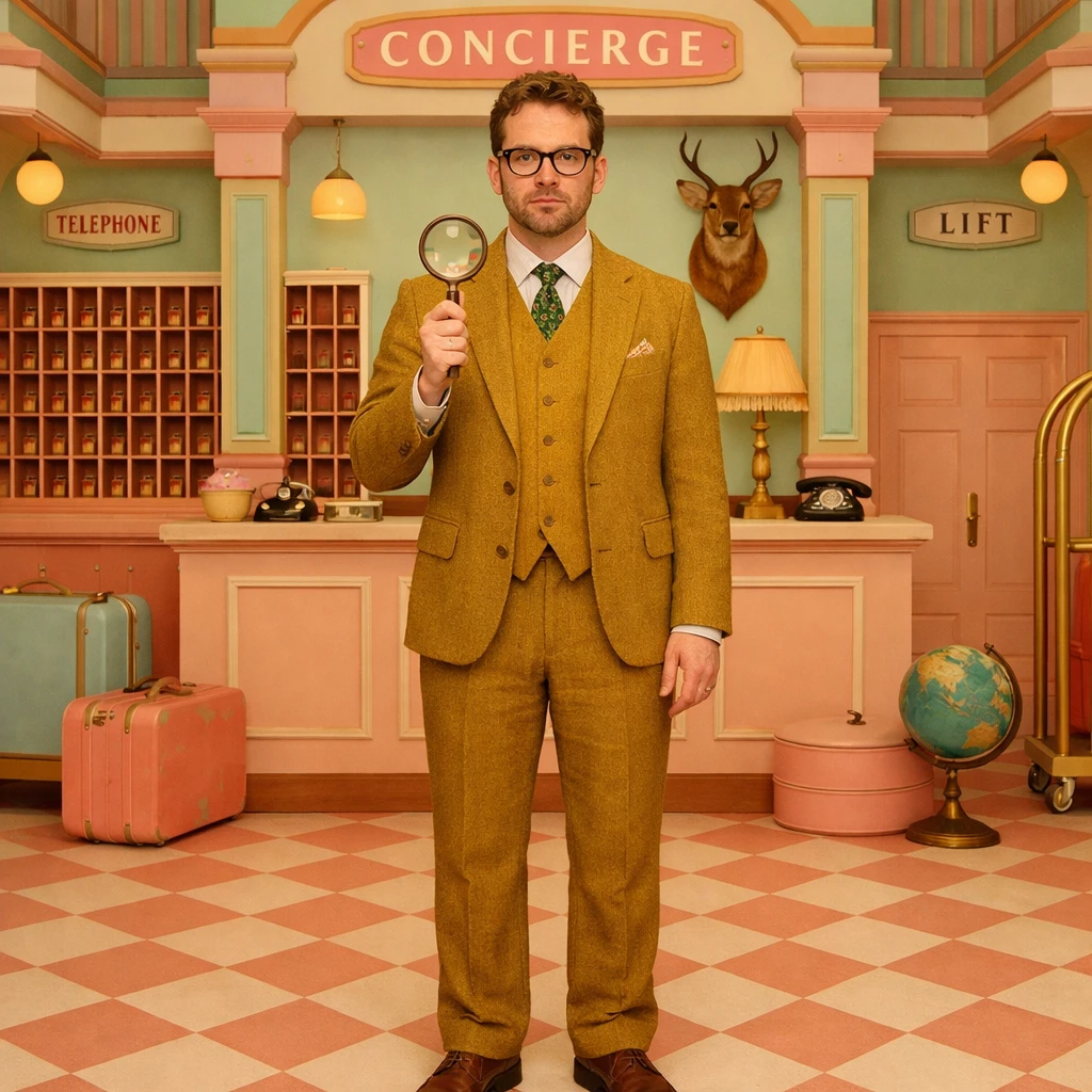 Эксцентричный детектив из фильмов Уэса Андерсона — GPT Image 1.5 промт