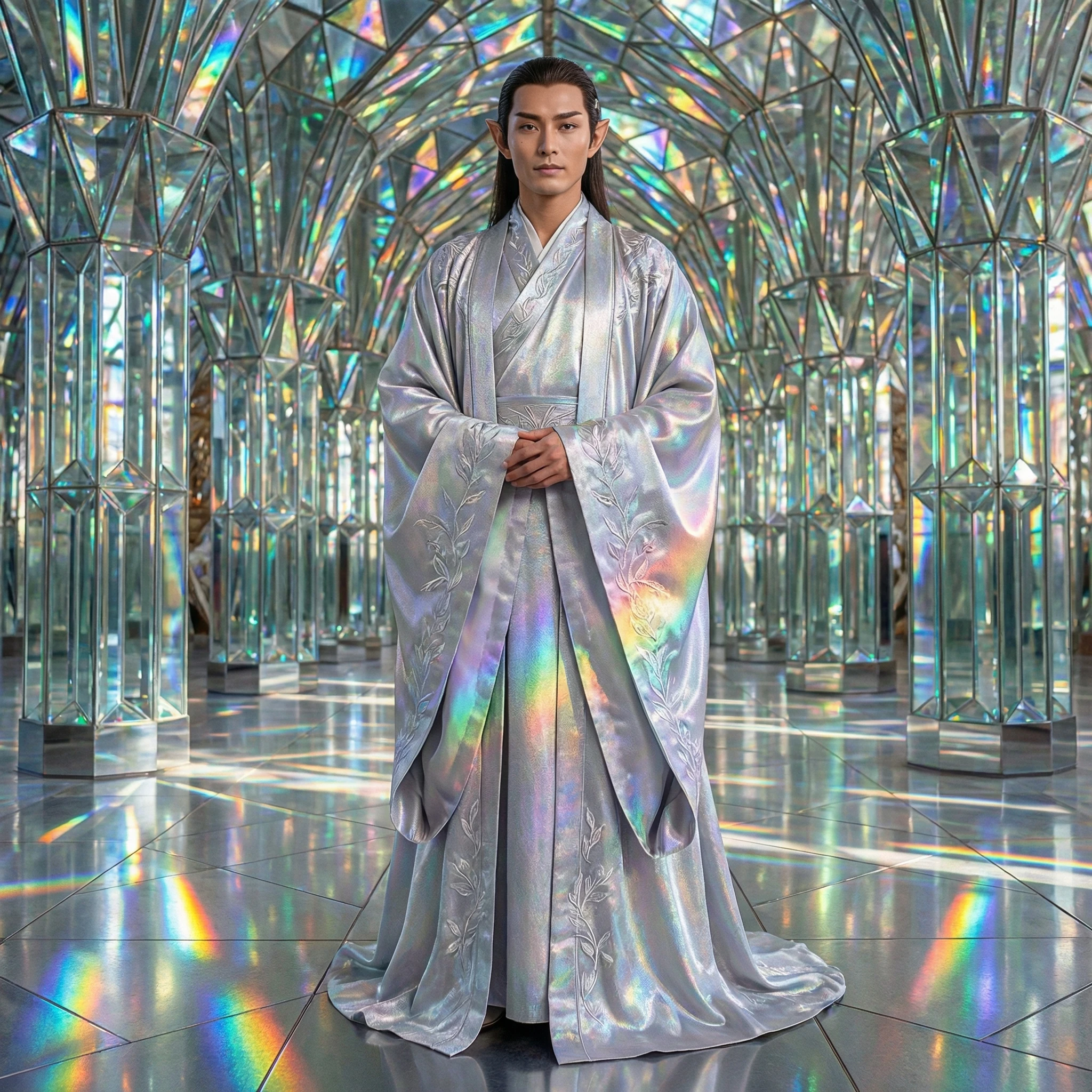 Эльфийский дипломат в зеркальном соборе — Nano Banana Pro промт