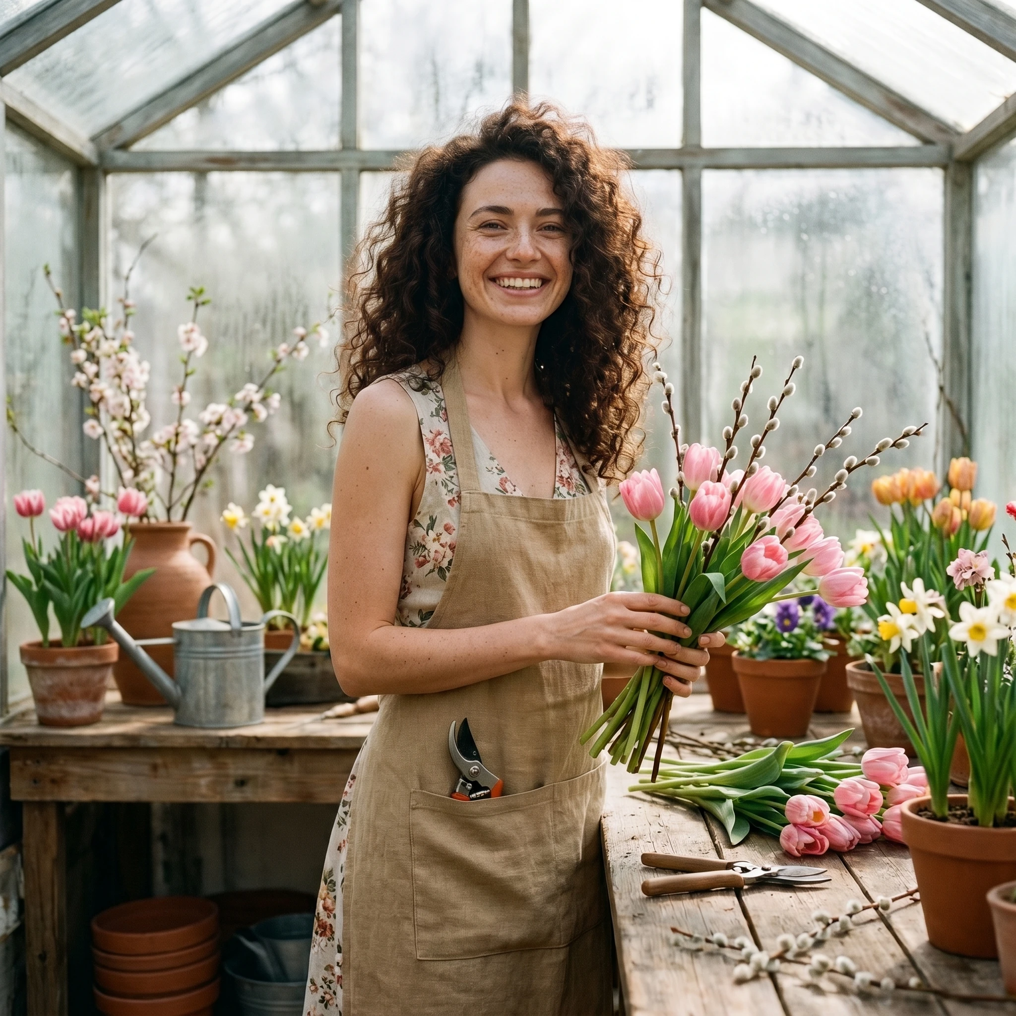 Флорист в весенней оранжерее — Nano Banana Pro промт