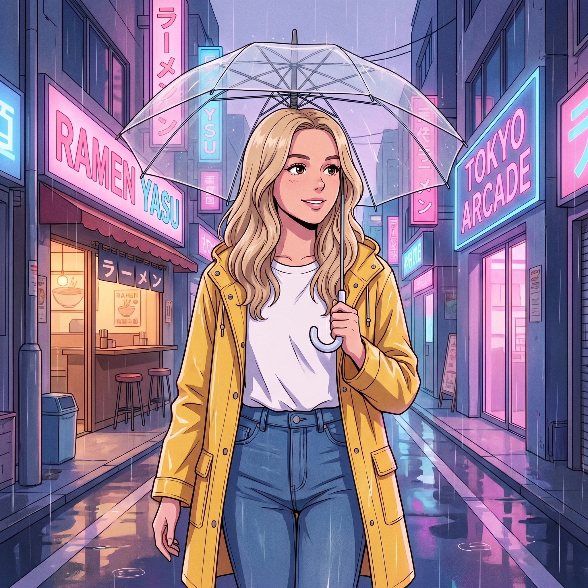 Героиня из аниме 90-х в дождливом Токио — Nano Banana Pro промт