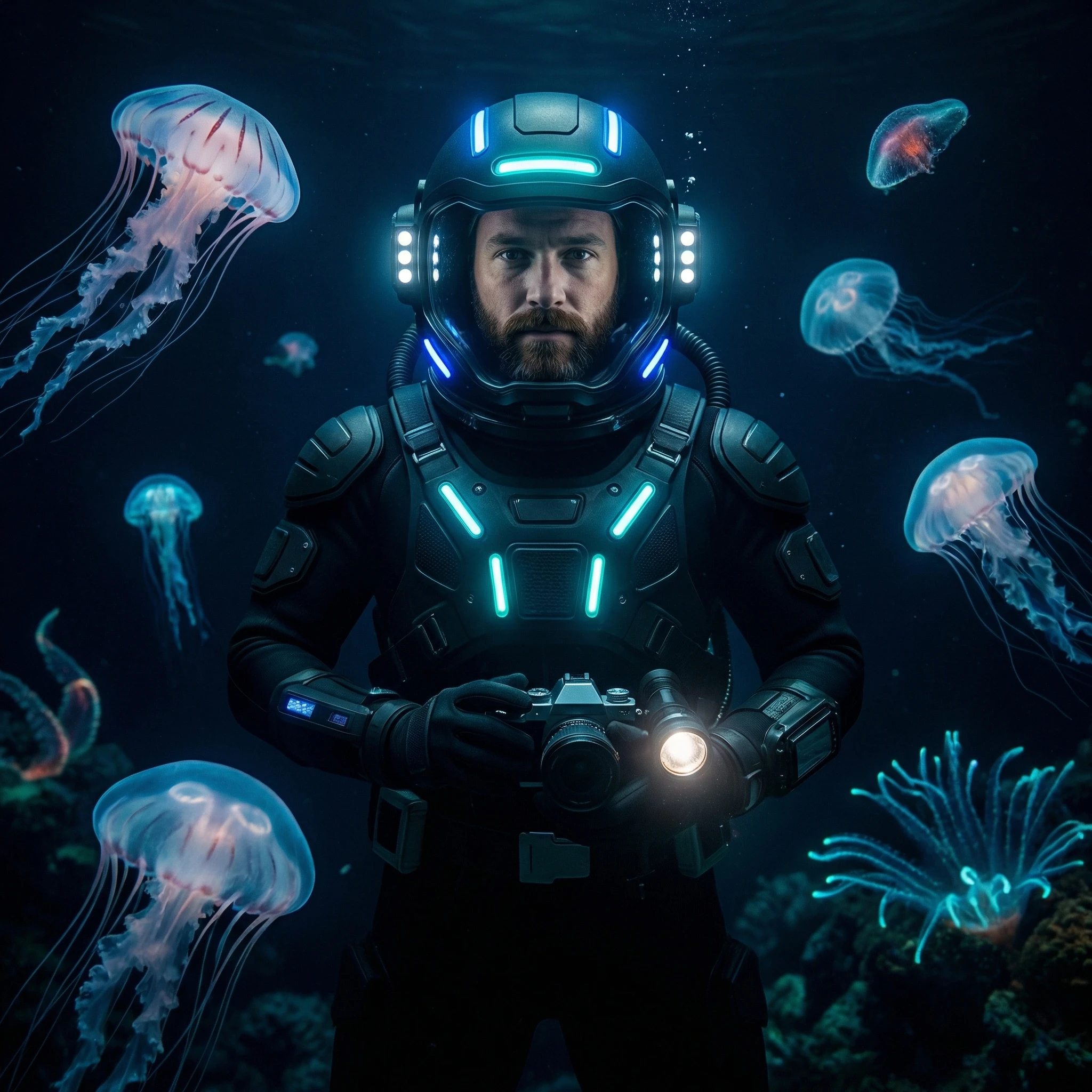 Глубоководный биолюминесцентный дайвер — Nano Banana Pro промт