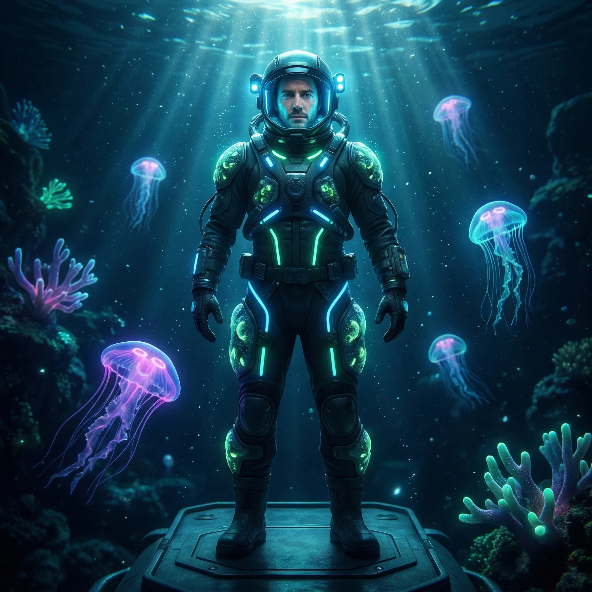 Глубоководный биолюминесцентный дайвер — Nano Banana Pro промт