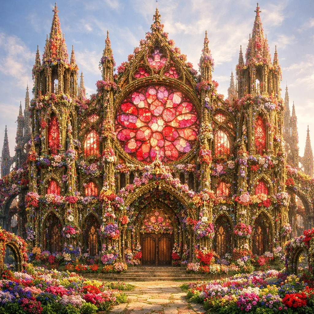Готический собор из живых цветов — GPT Image 1.5 промт