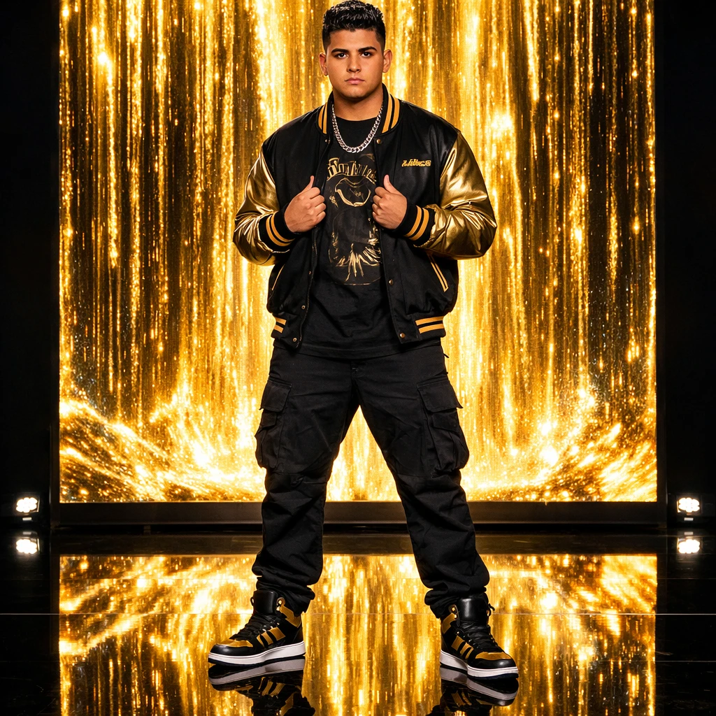 Инфлюенсер на фоне цифрового водопада — GPT Image 1.5 промт