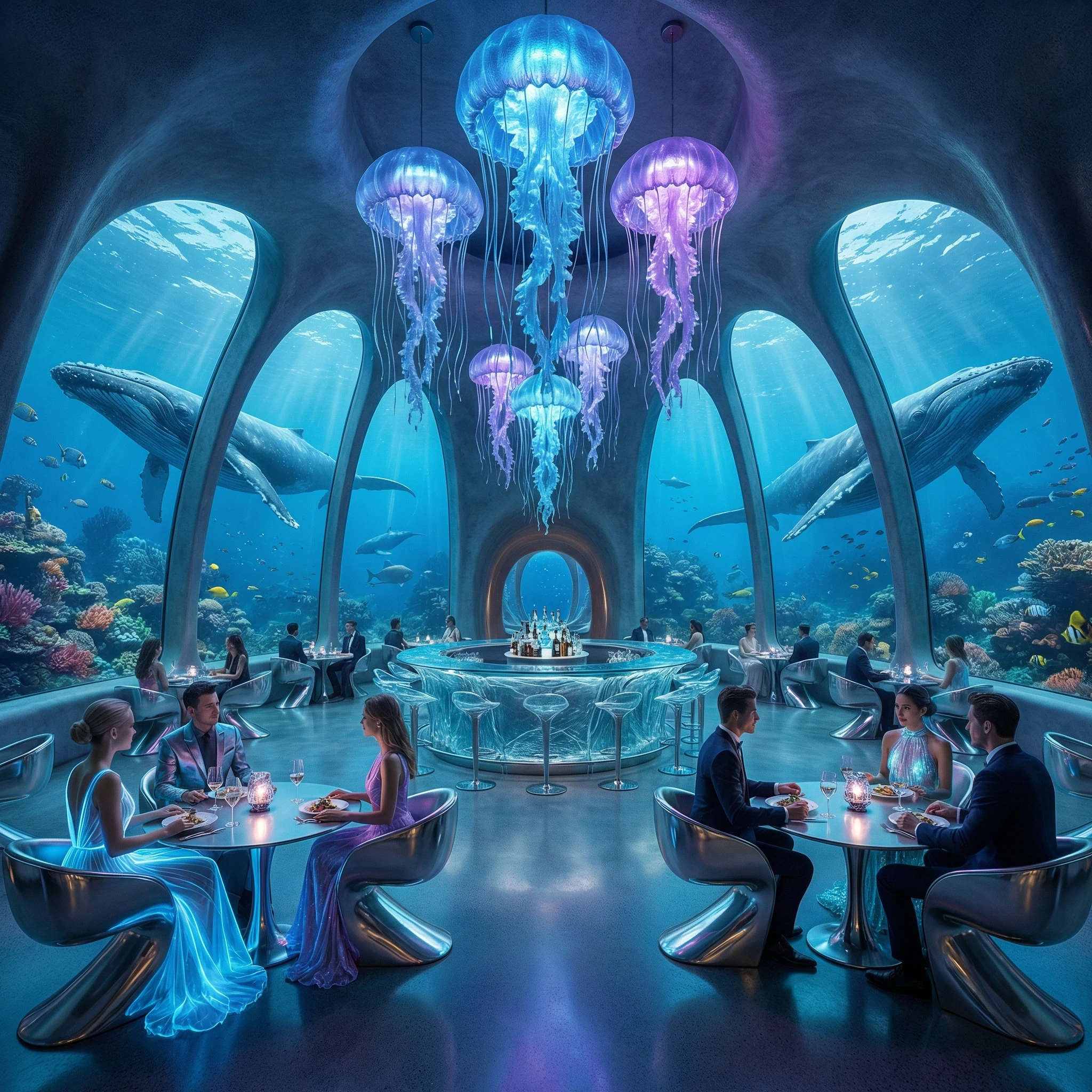 Интерьер подводного ресторана будущего — Nano Banana Pro промт