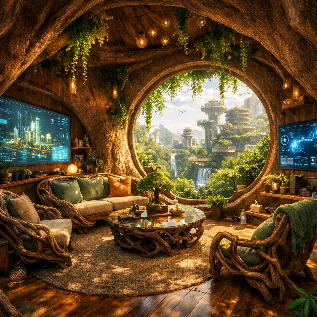 Интерьерное фото: Дом на дереве будущего — GPT Image 1.5 промт