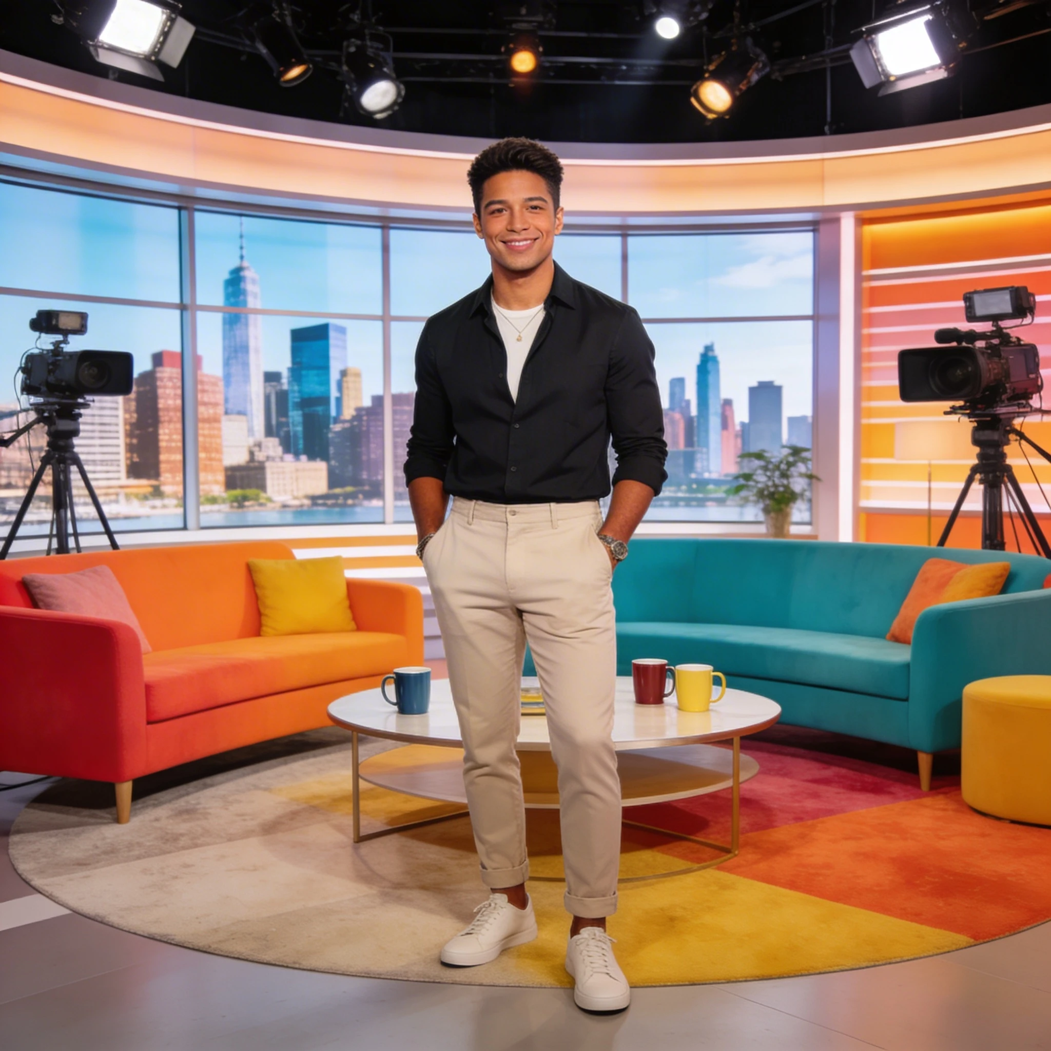 Интервью на утреннем ТВ-шоу — Seedream 4.5 промт