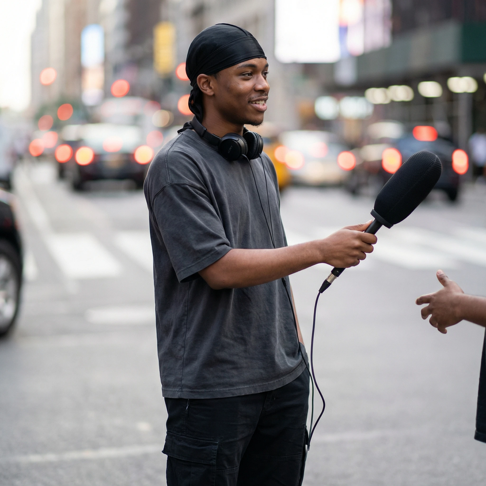 Интервьюер в стиле уличного подкаста — Nano Banana Pro промт