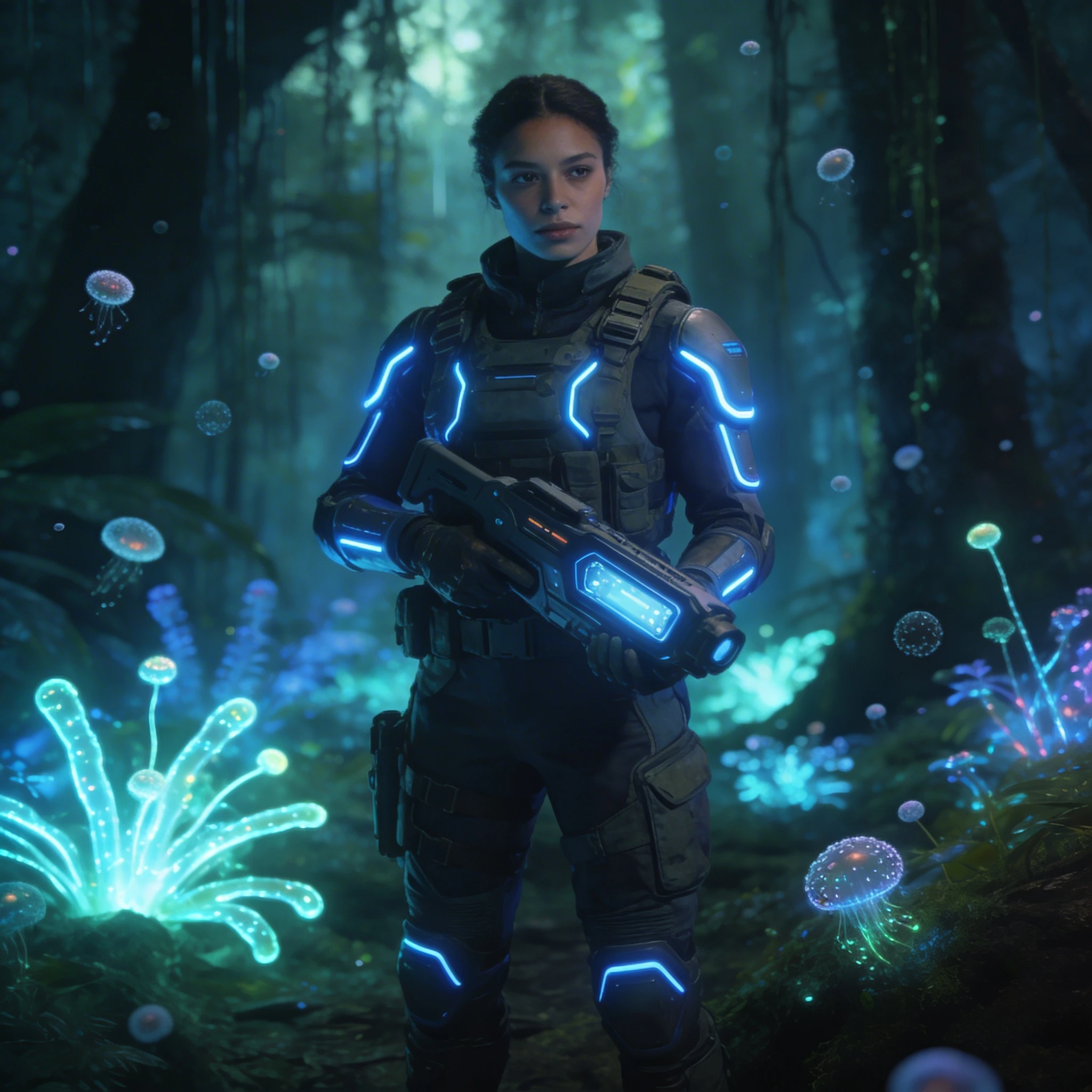 Исследователь биолюминесцентных джунглей — Seedream 4.5 промт