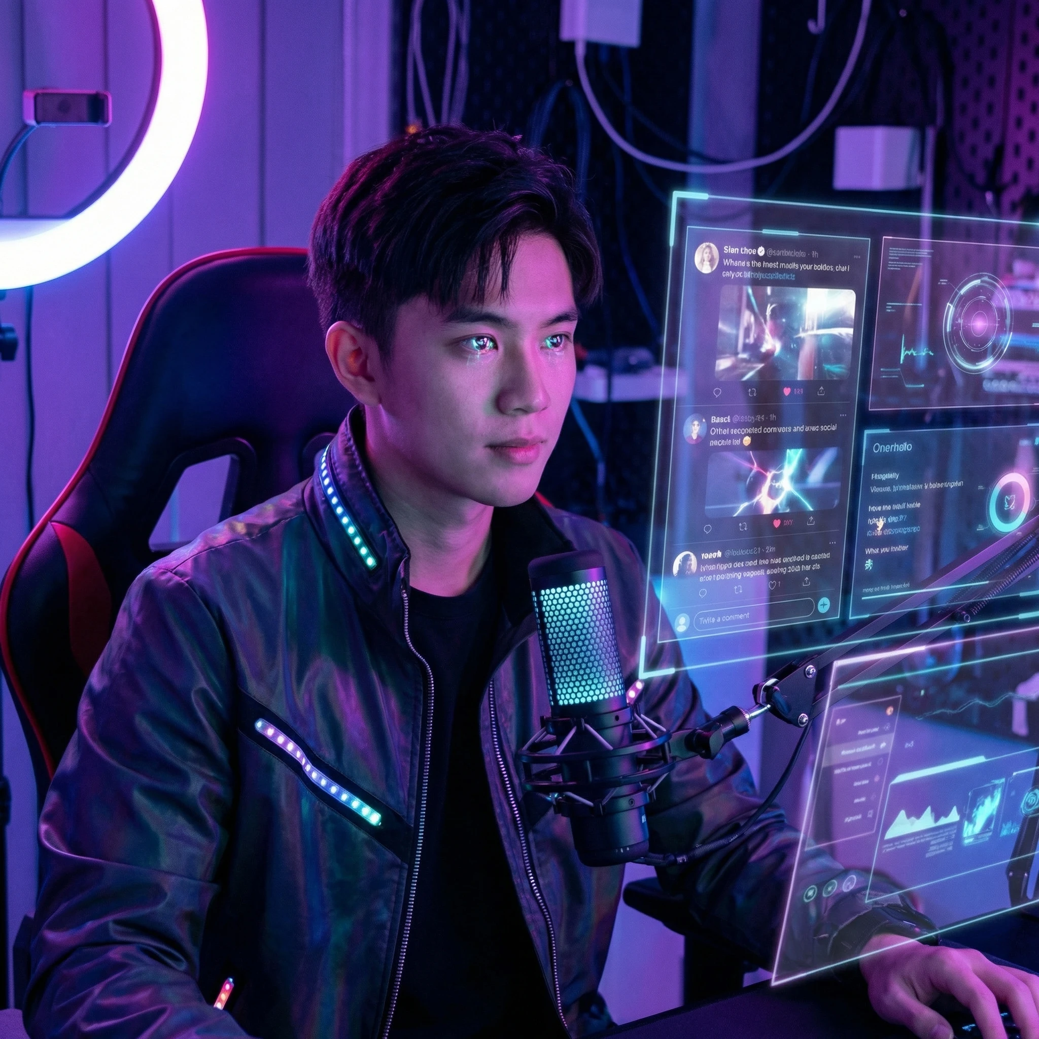Кибер-блогер на неоновом фоне — Nano Banana Pro промт