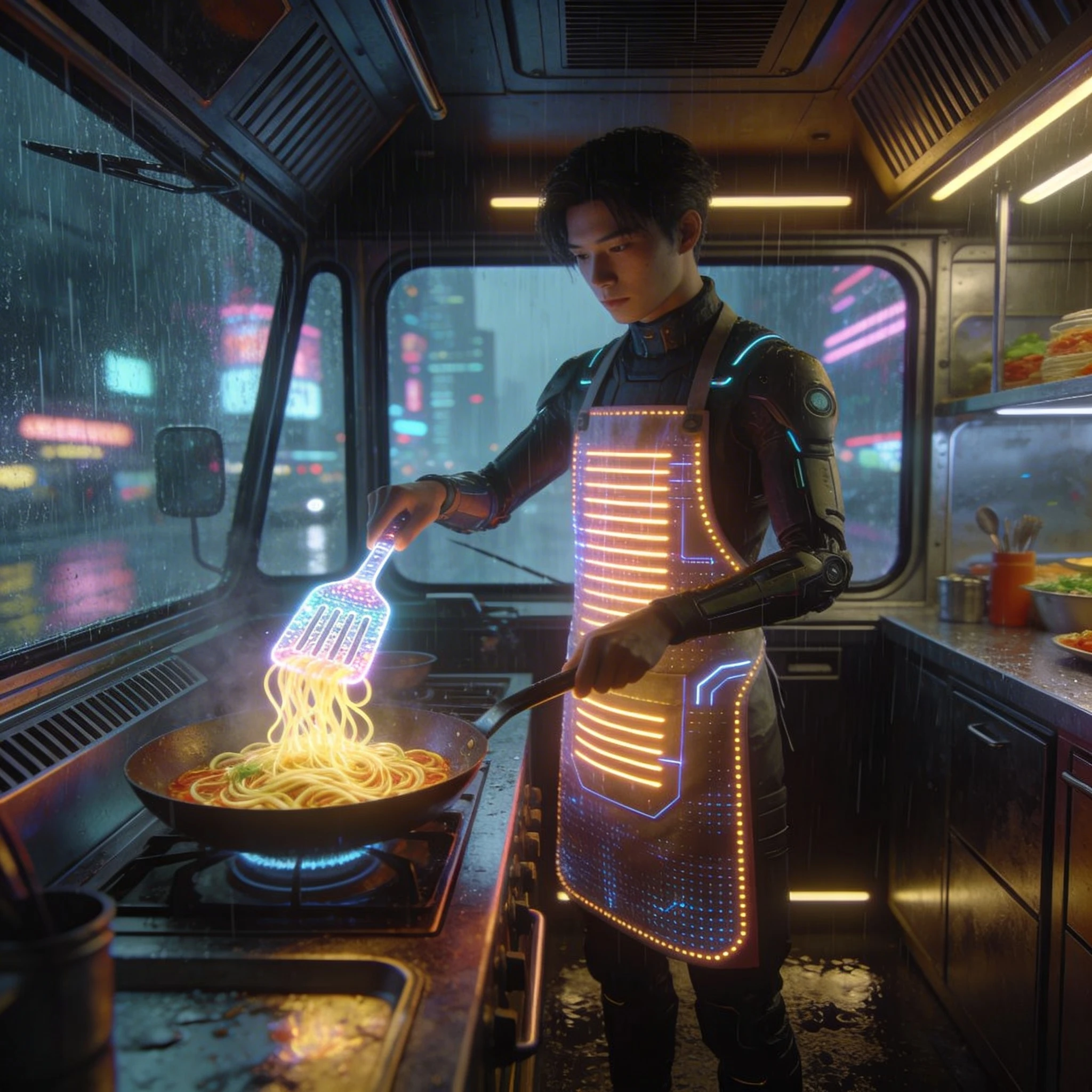 Кибер-кулинар в неоновом фудтраке — Seedream 4.5 промт