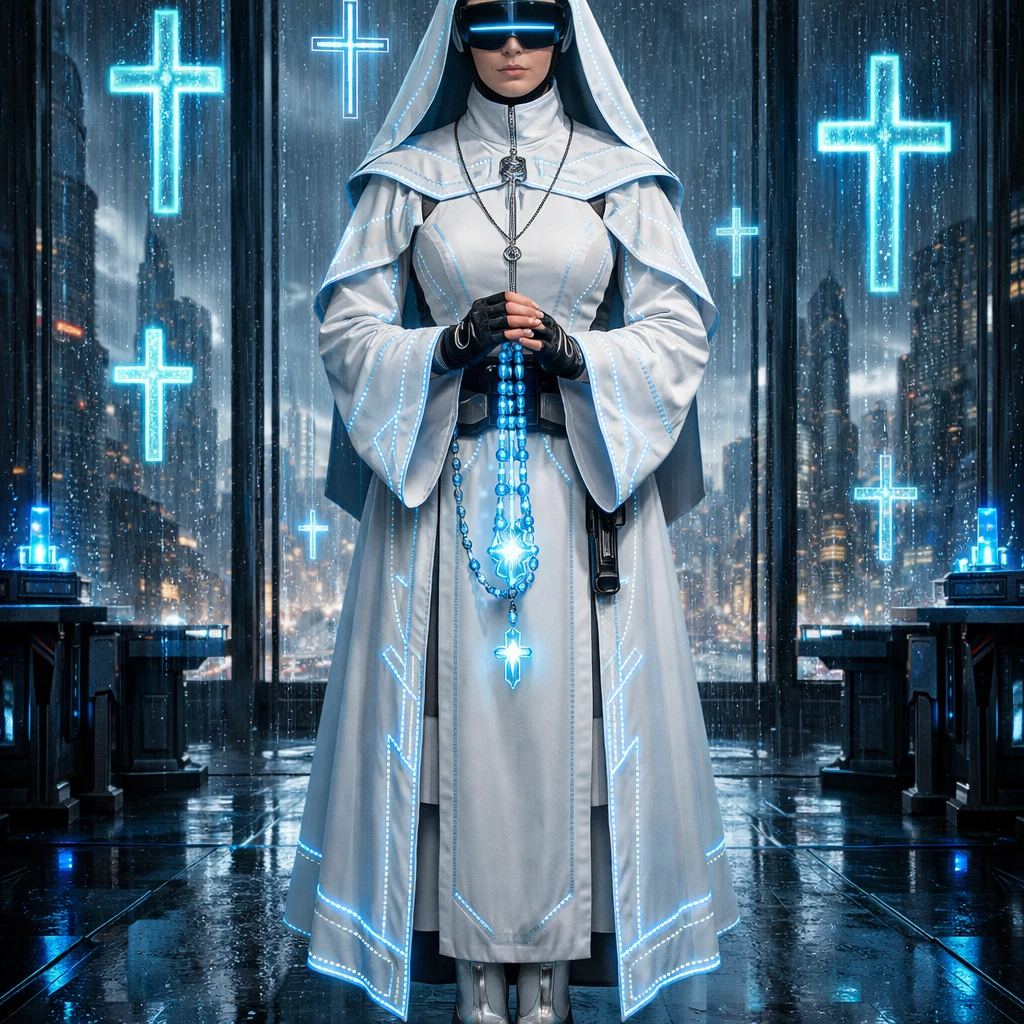 Кибер-монахиня в неоновом монастыре — GPT Image 1.5 промт