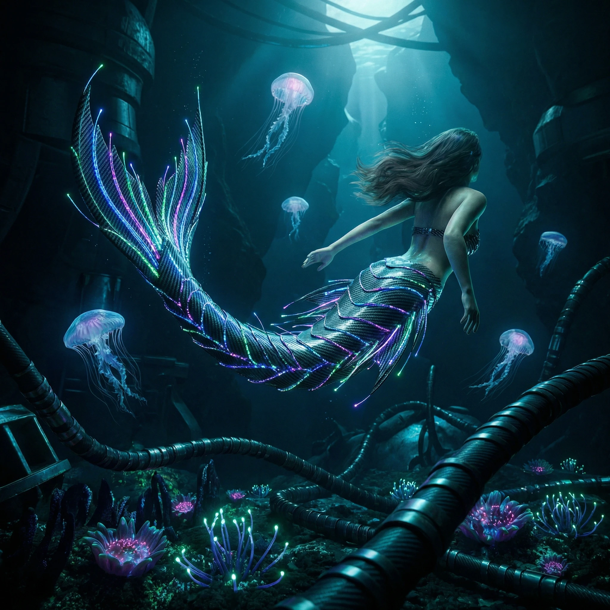 Кибер-русалка под неоновой водой — Nano Banana Pro промт