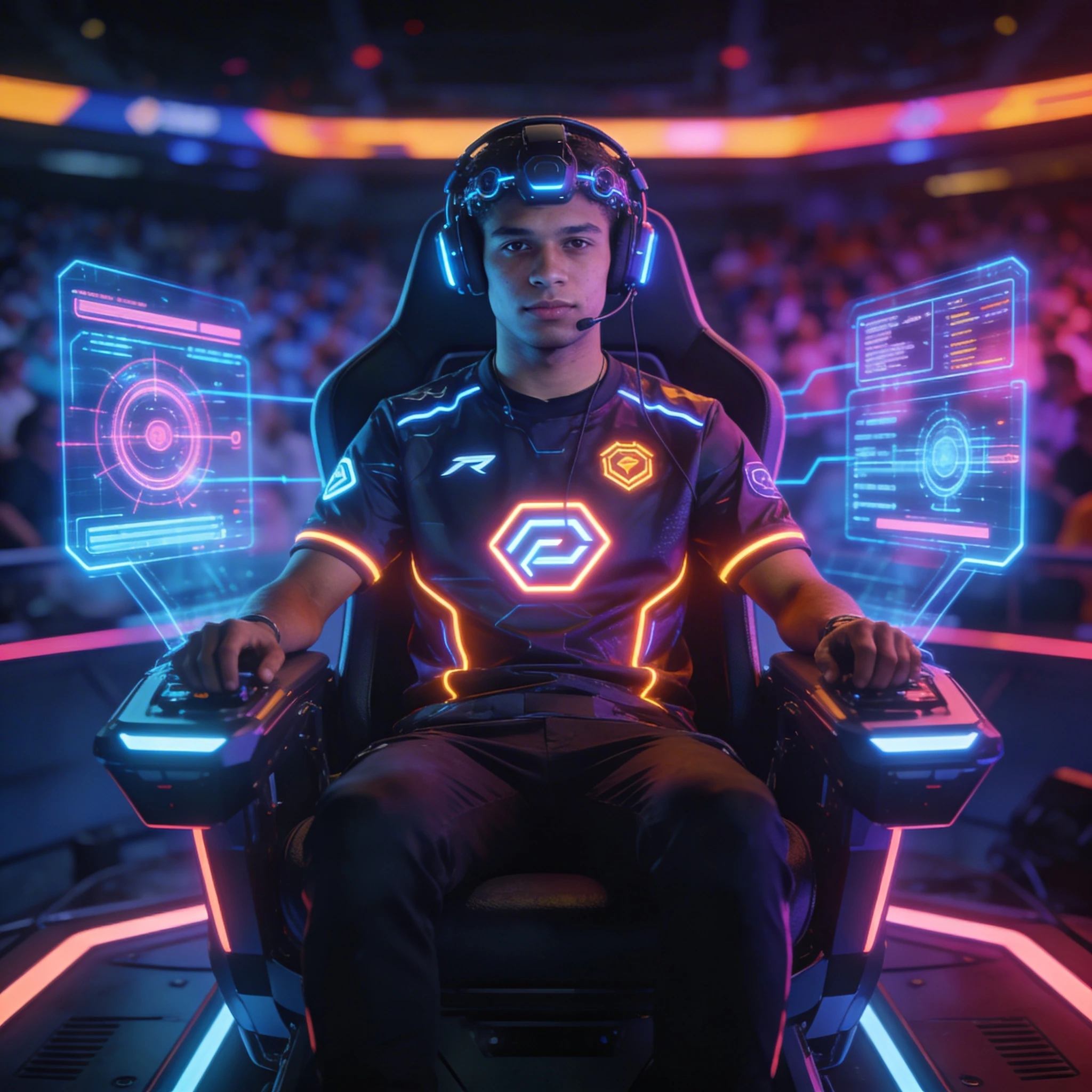 Кибер-спортсмен на турнире будущего — Seedream 4.5 промт