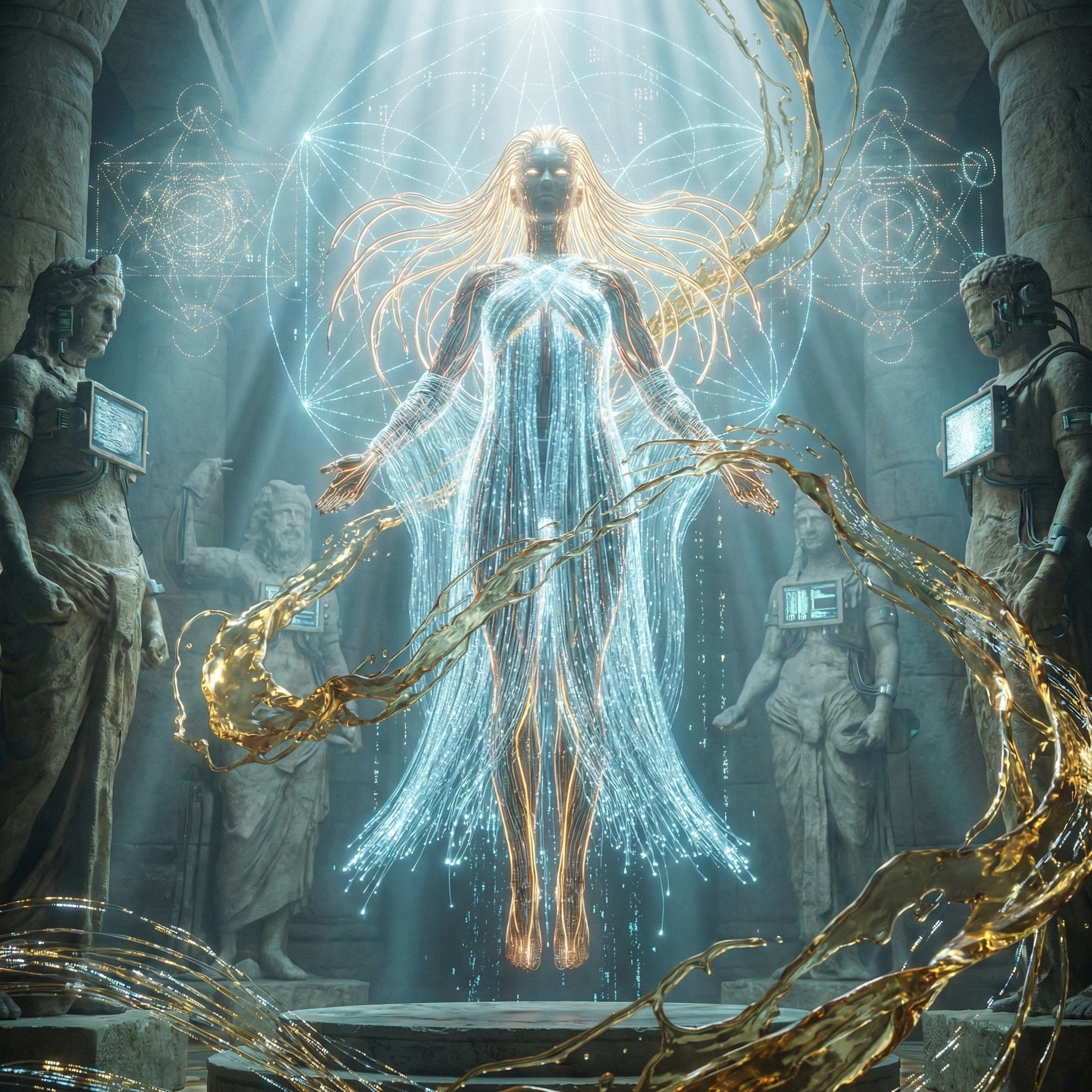 Кибернетический оракул в цифровом храме — Nano Banana Pro промт