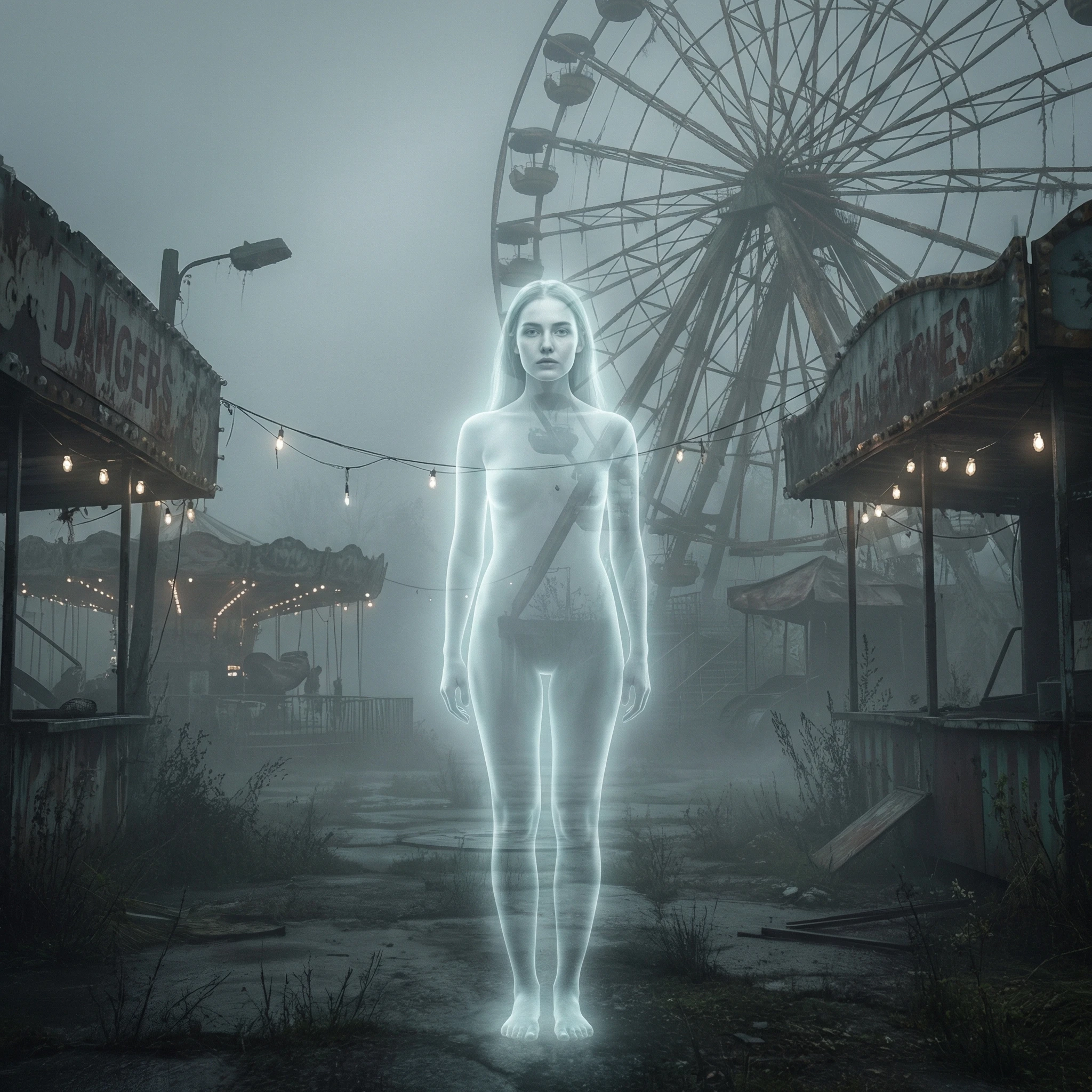 Кошмар в заброшенном парке аттракционов — Nano Banana Pro промт