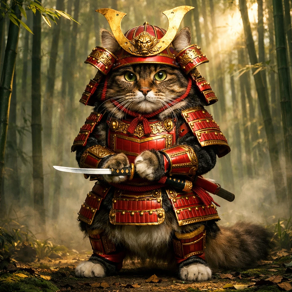 Кот-самурай в бамбуковом лесу — GPT Image 1.5 промт