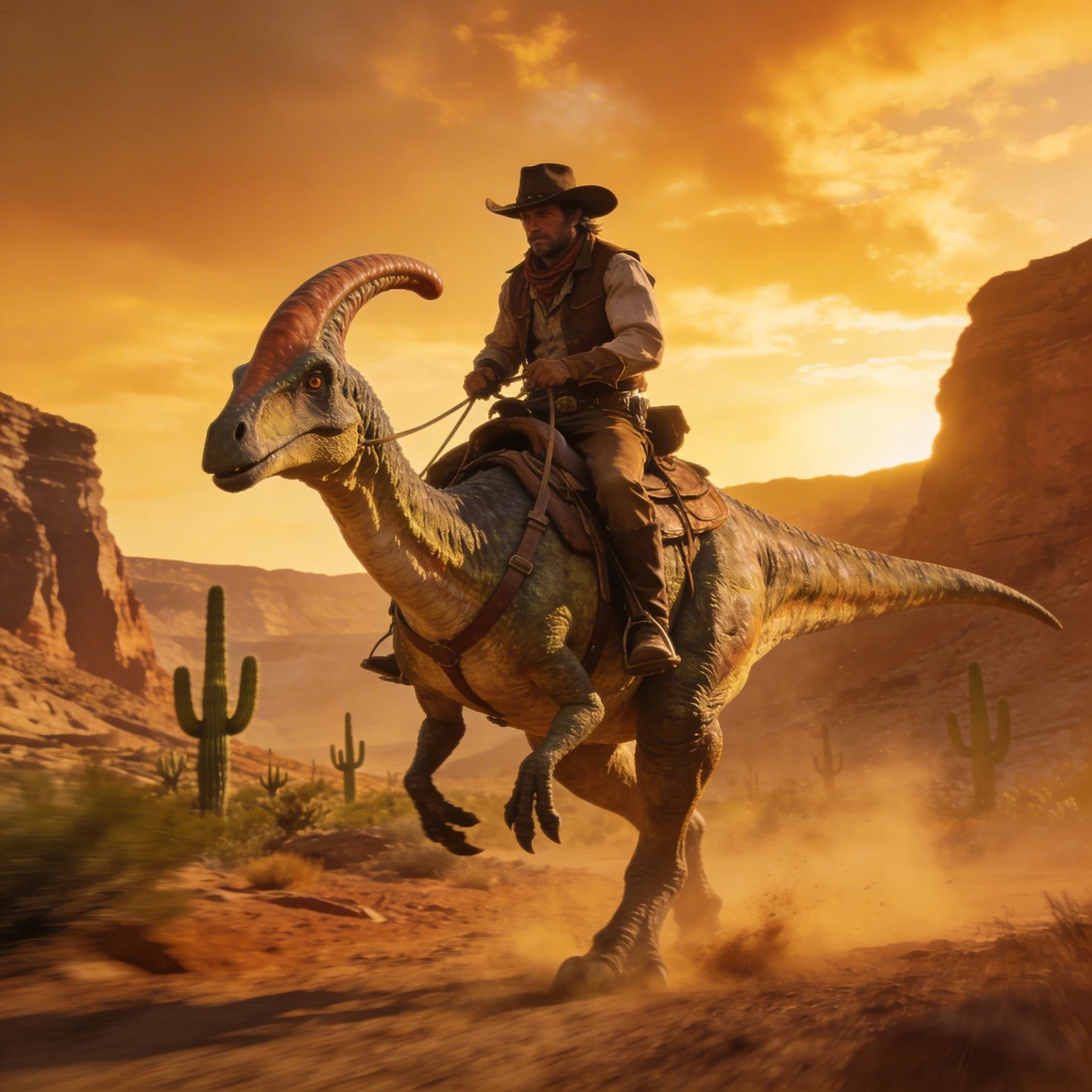 Ковбой на динозавре — Seedream 4.5 промт