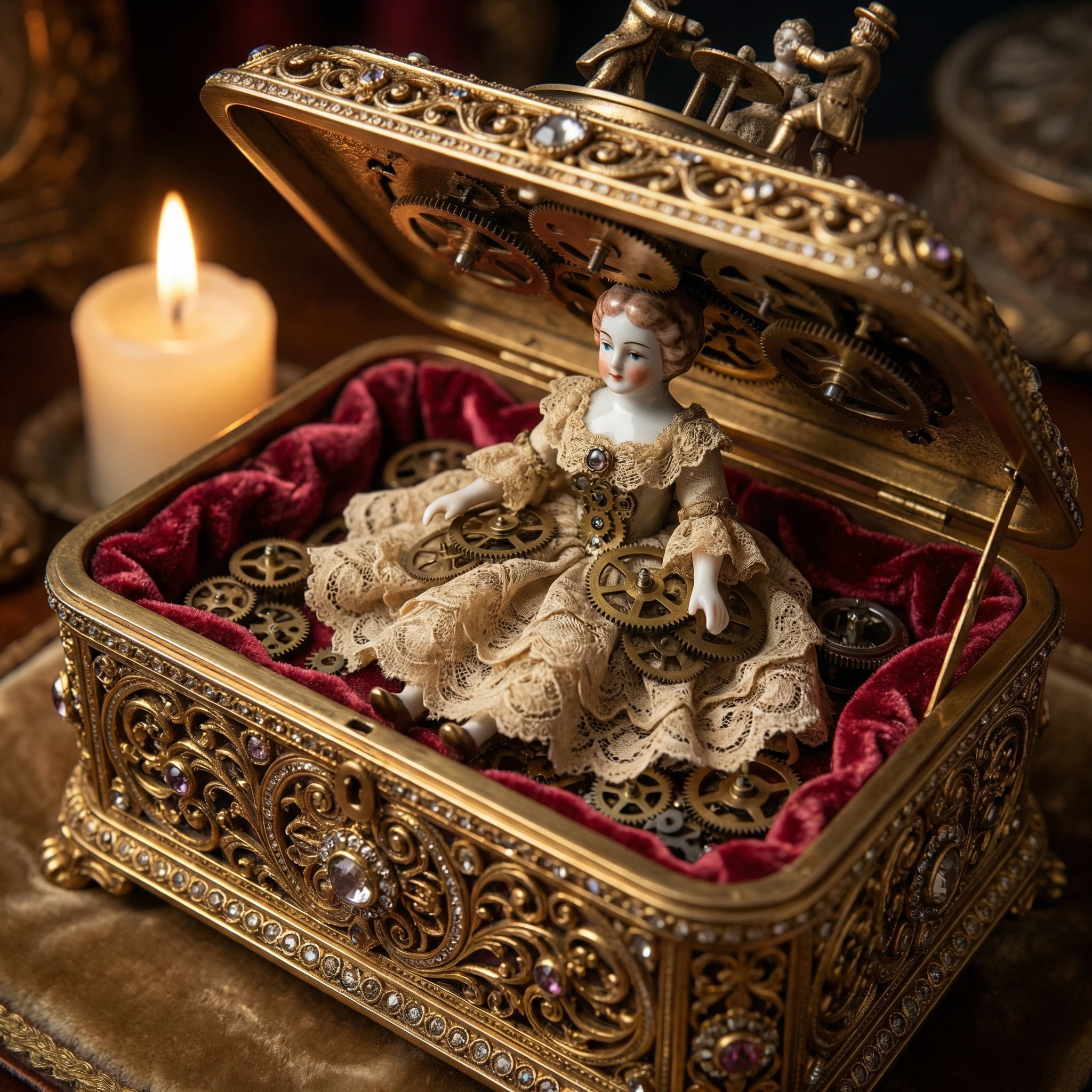 Кукла в стиле рококо в музыкальной шкатулке — Nano Banana Pro промт