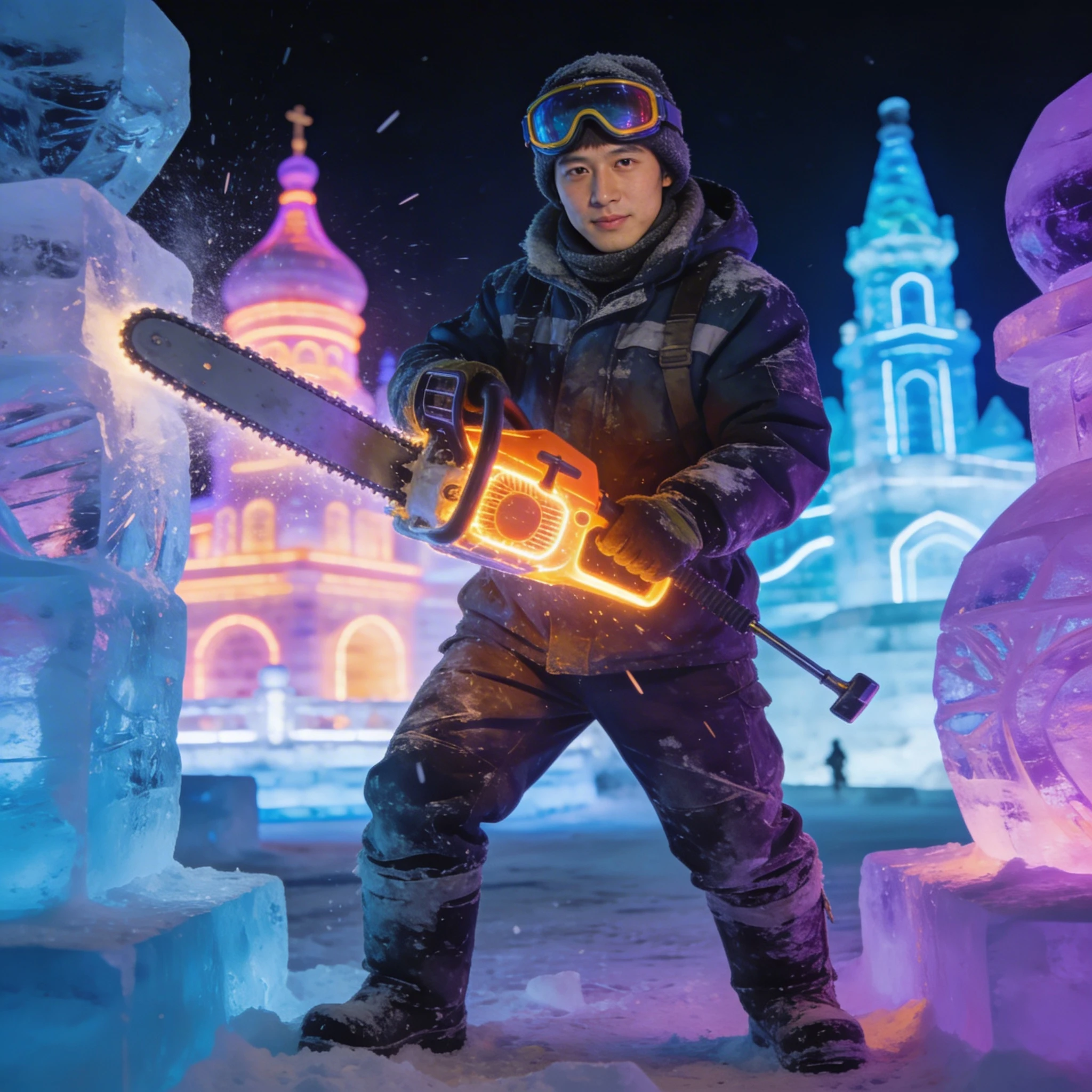 Ледяной скульптор на фестивале в Харбине — Seedream 4.5 промт