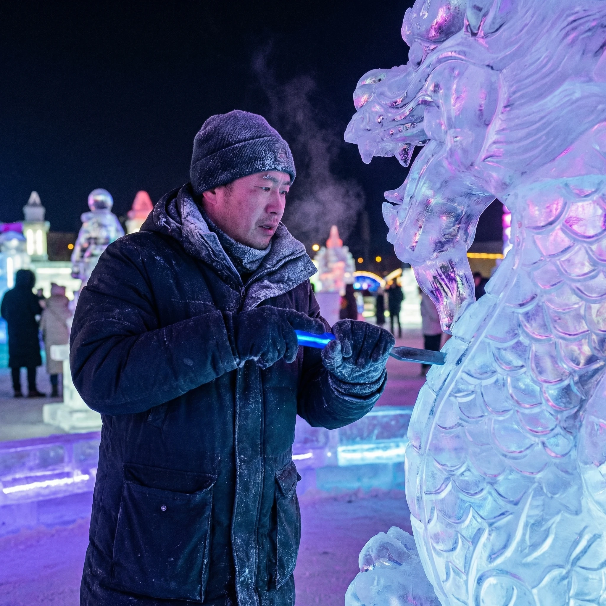 Ледяной скульптор на фестивале в Харбине — Nano Banana Pro промт