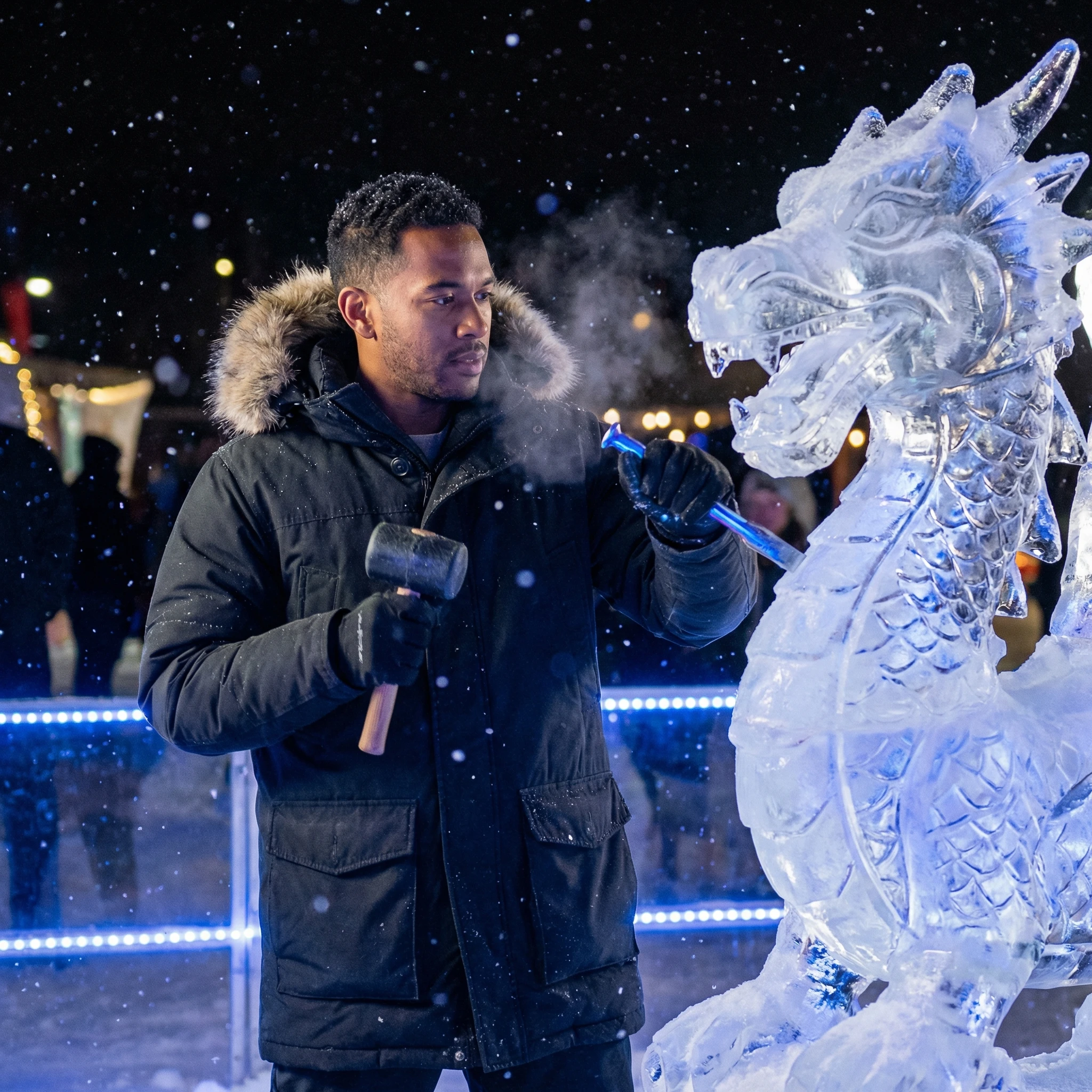 Ледяной скульптор на фестивале — Nano Banana Pro промт