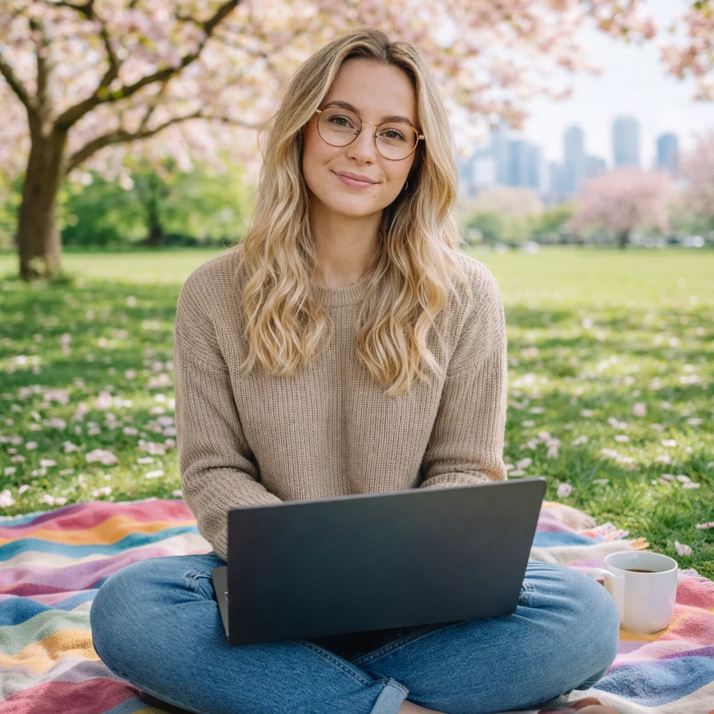 Лэптоп-кочевник: Работа в цветущем парке — GPT Image 1.5 промт