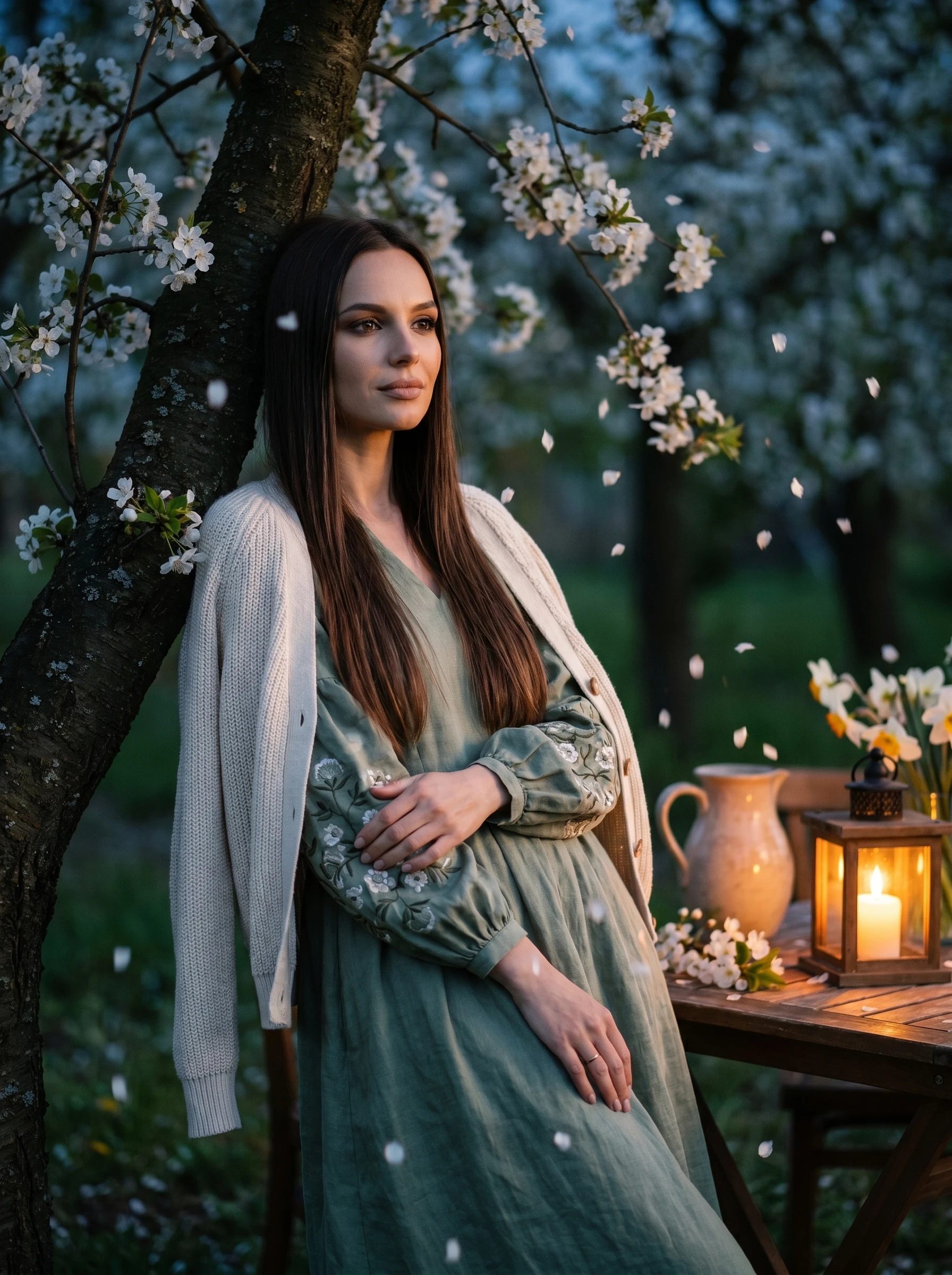 Майские сумерки в цветущем саду — Nano Banana Pro промт