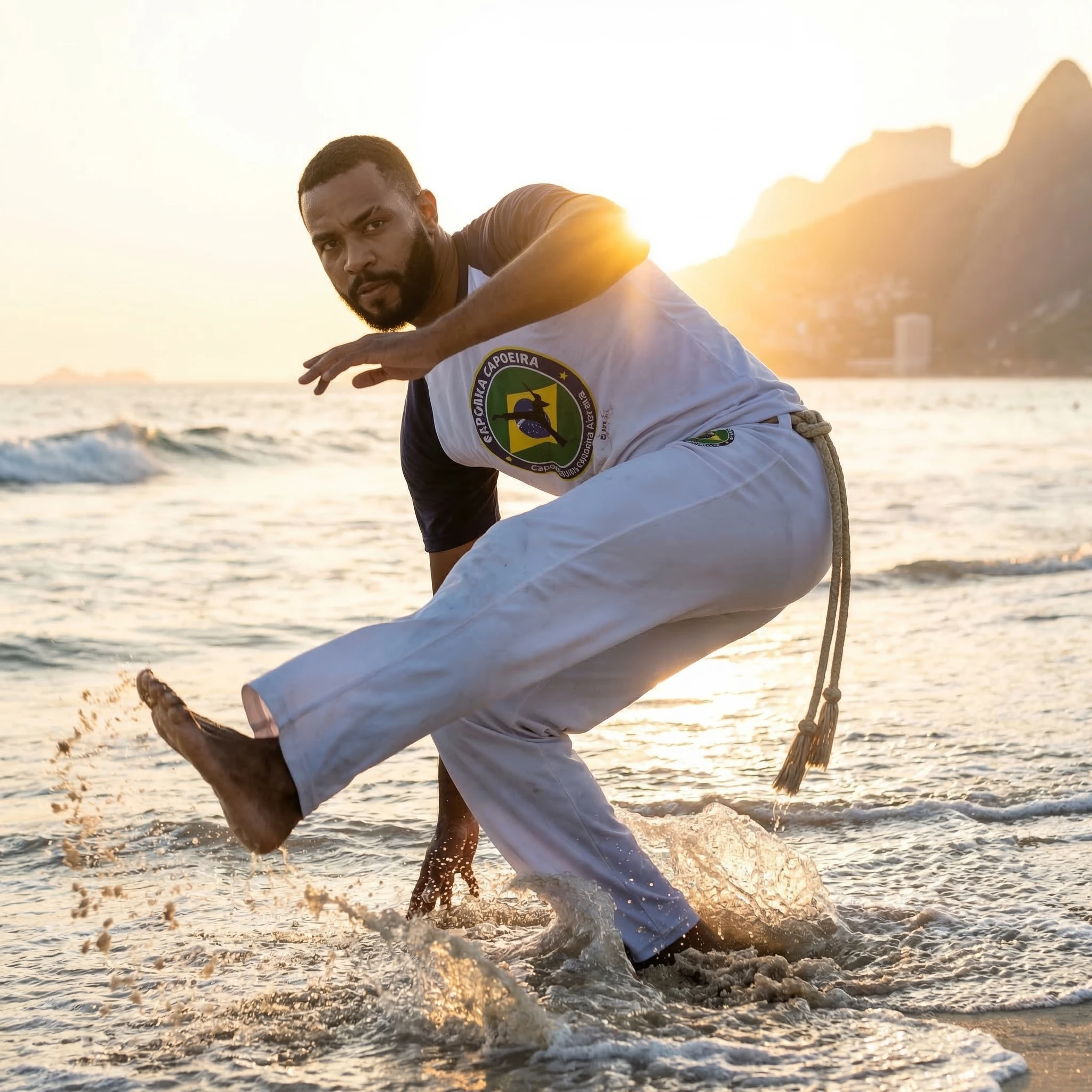 Мастер Капоэйры на закате в Сальвадоре — Nano Banana Pro промт