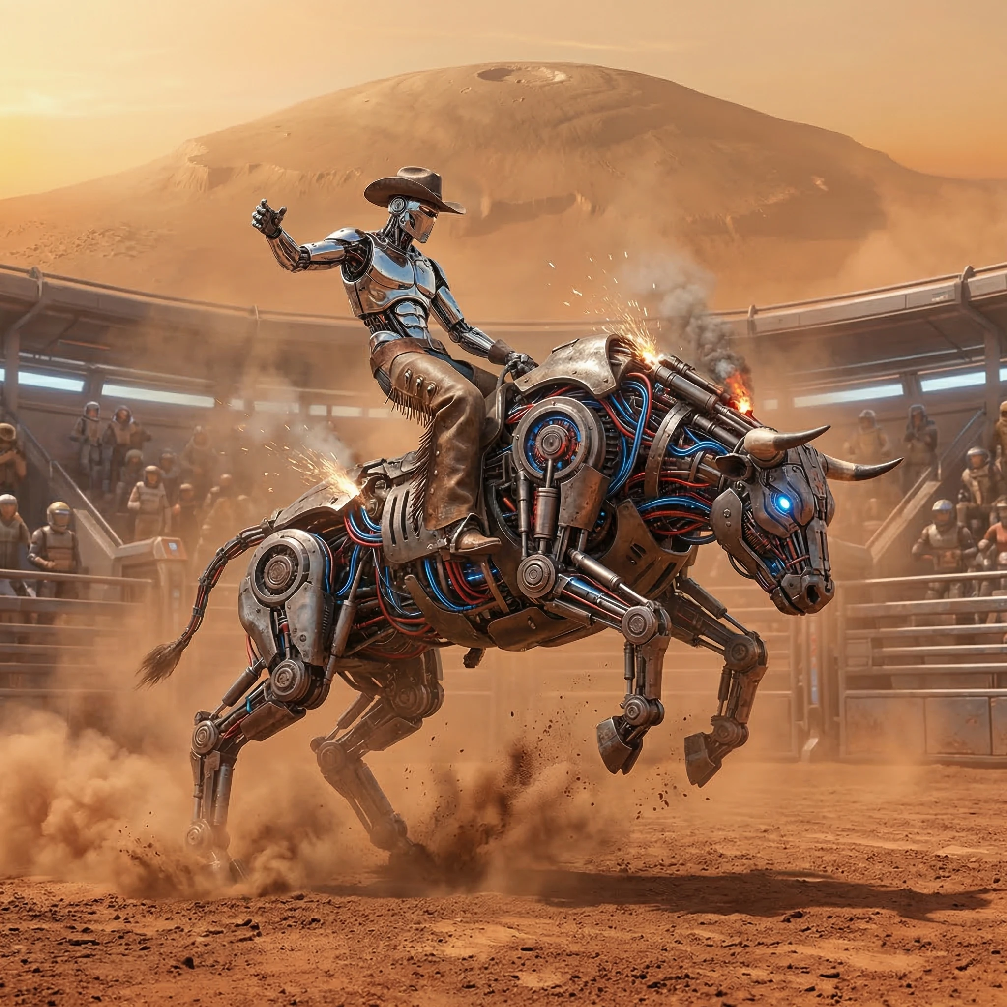 Меха-наездник на ковбойском родео — Nano Banana Pro промт