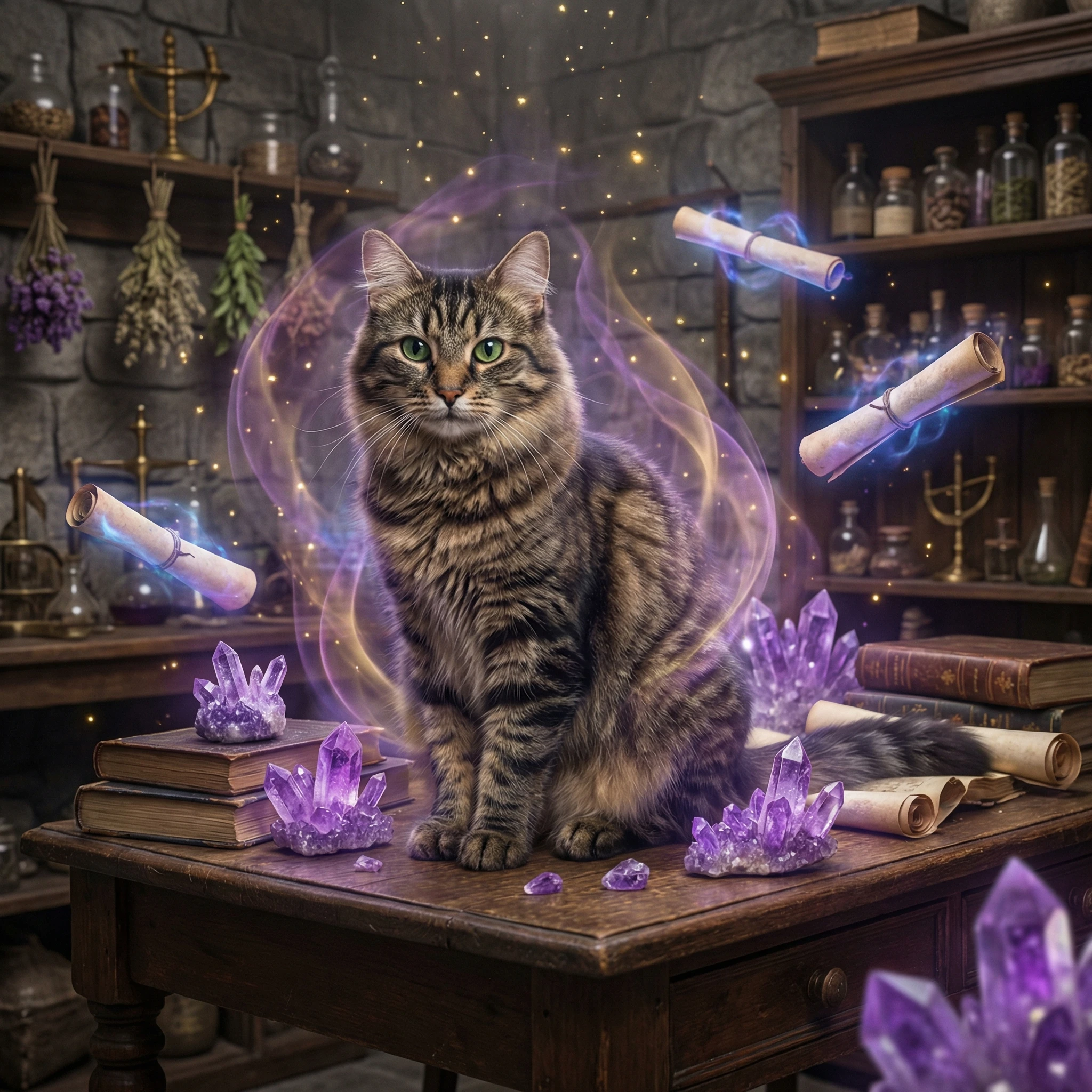 Мистический кот-фамильяр с кристаллами — Nano Banana Pro промт