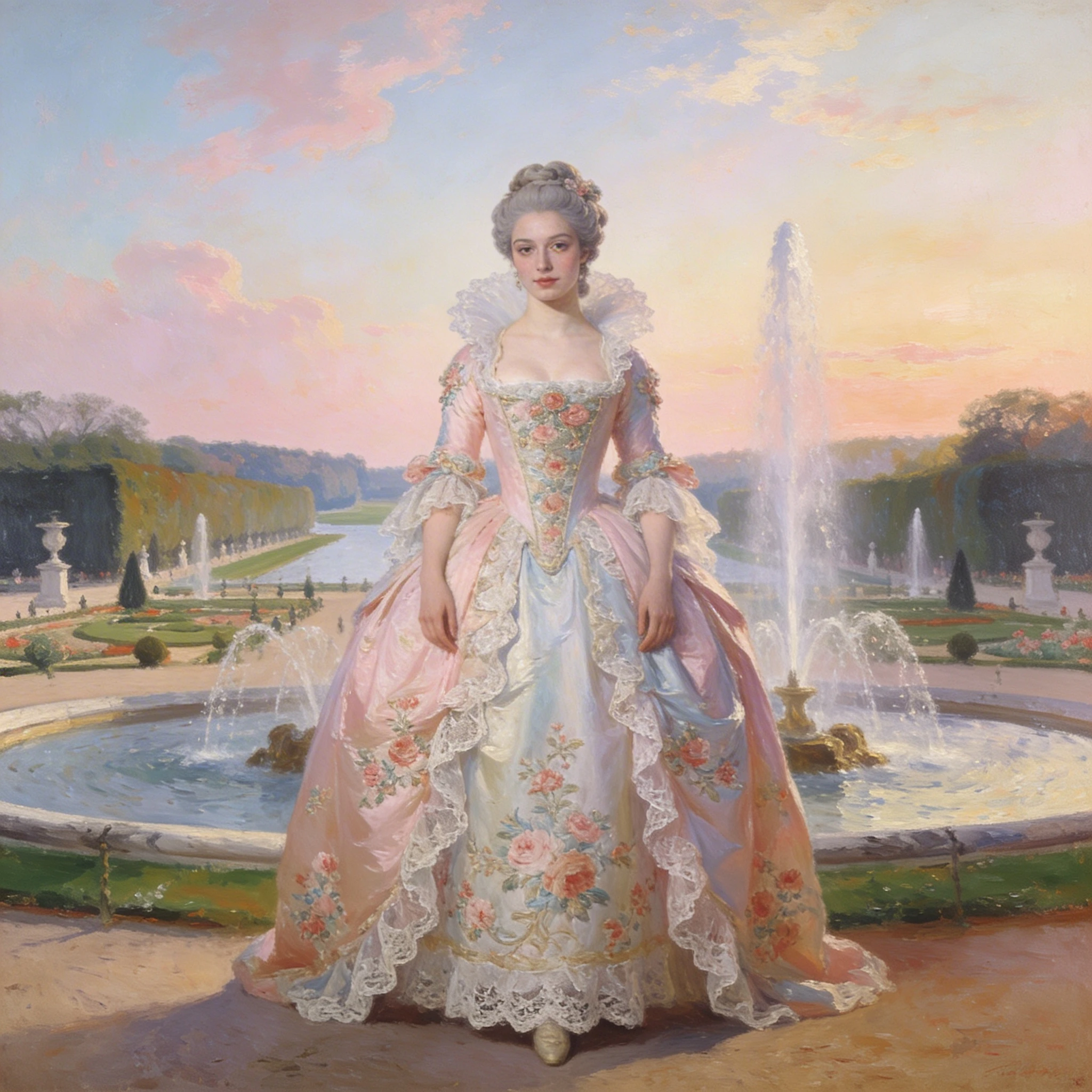 Мода эпохи рококо: Версальский сад — Seedream 4.5 промт