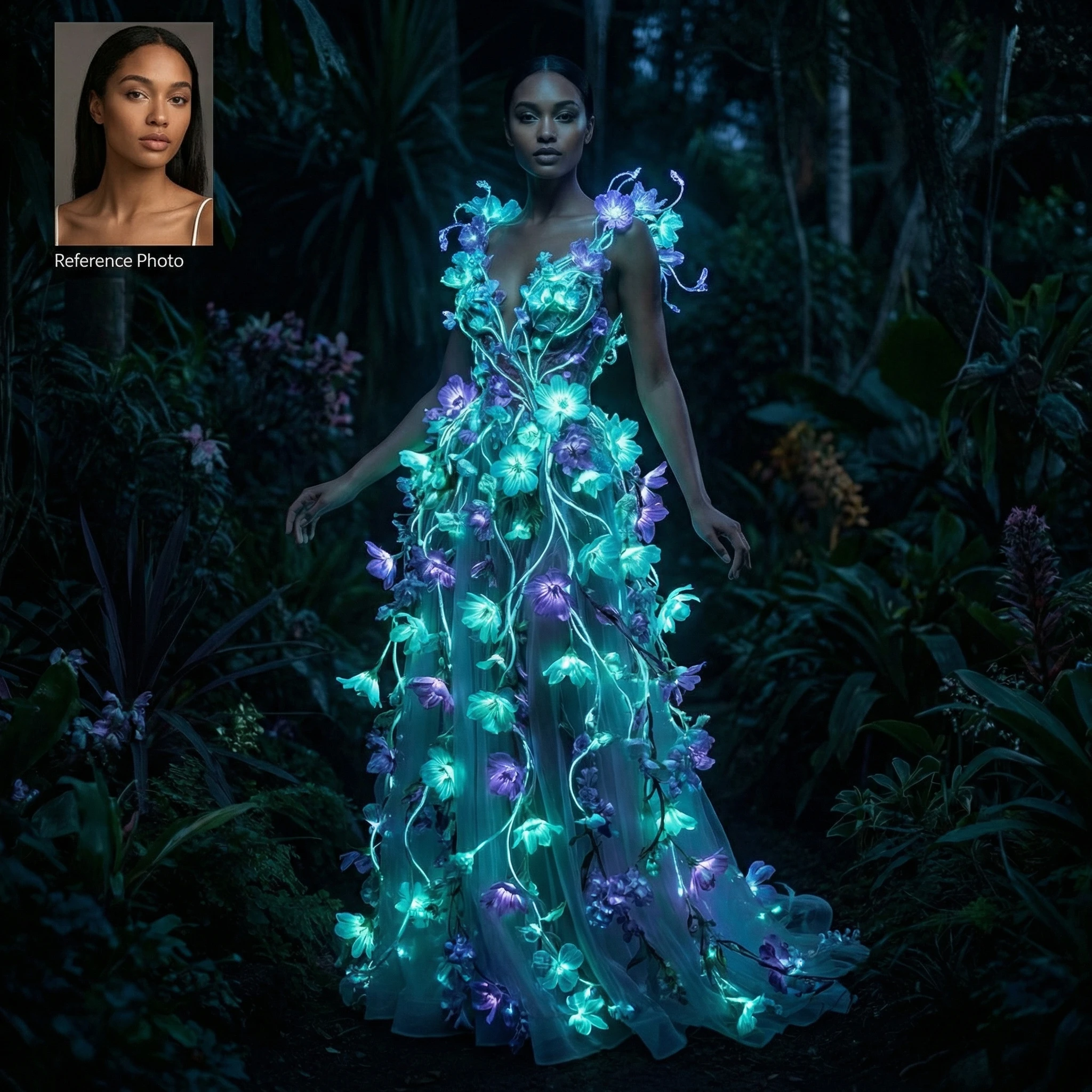 Мода в стиле «Биолюминесцентная флора» — Nano Banana Pro промт