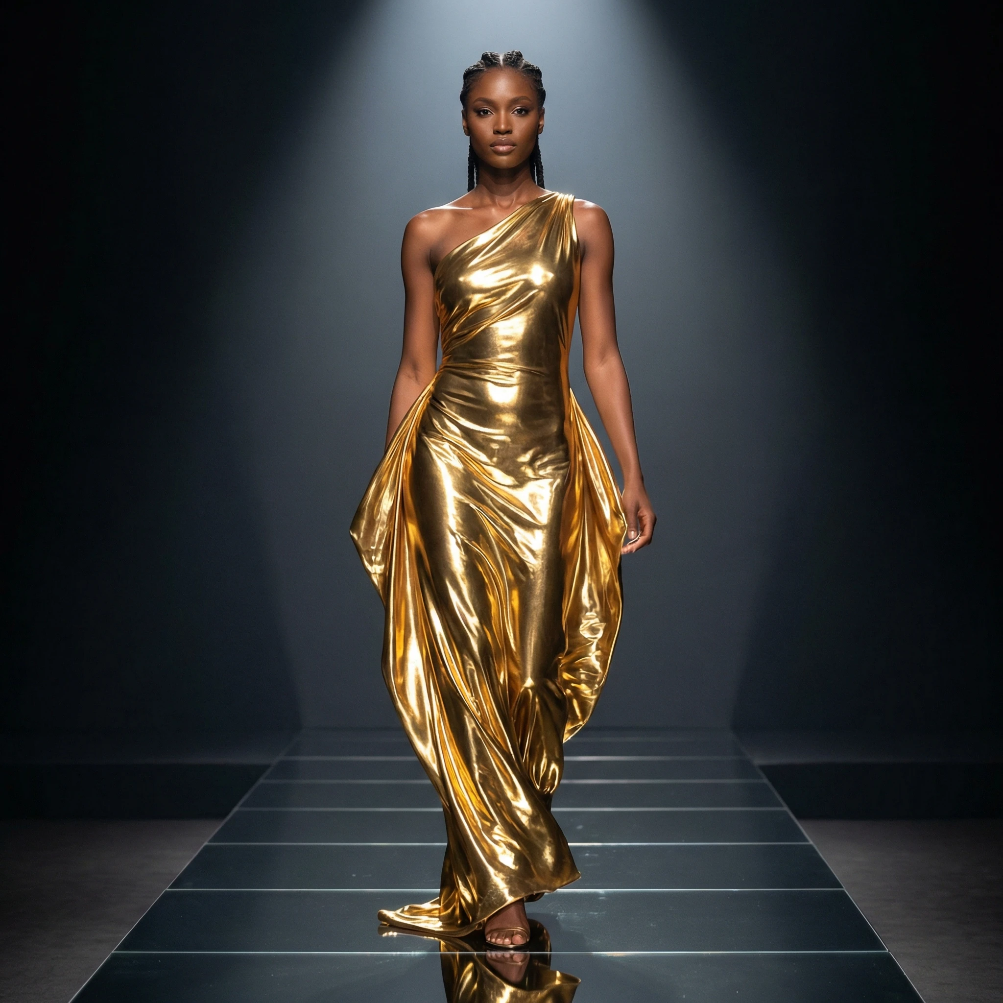 Модель на подиуме из жидкого золота — Nano Banana Pro промт