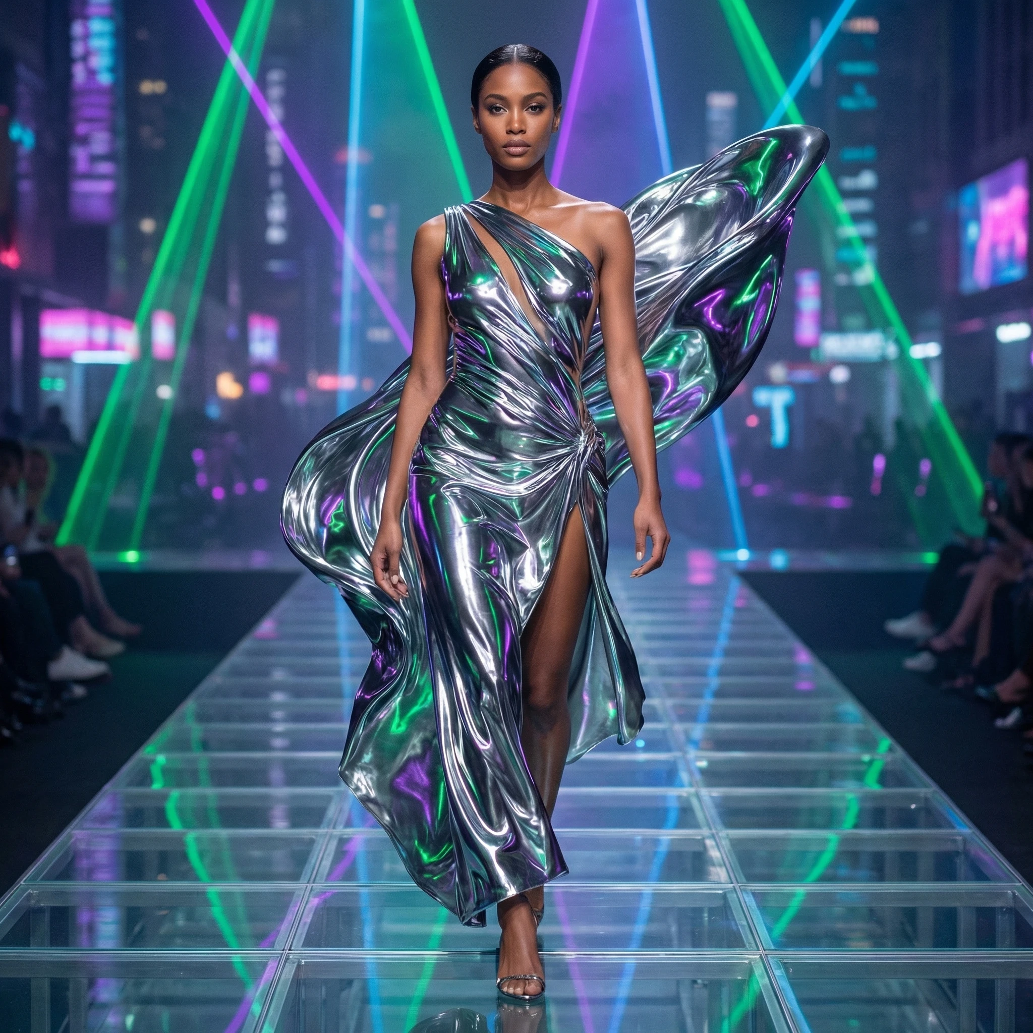 Модное дефиле в стиле «Жидкий Хром» — Nano Banana Pro промт