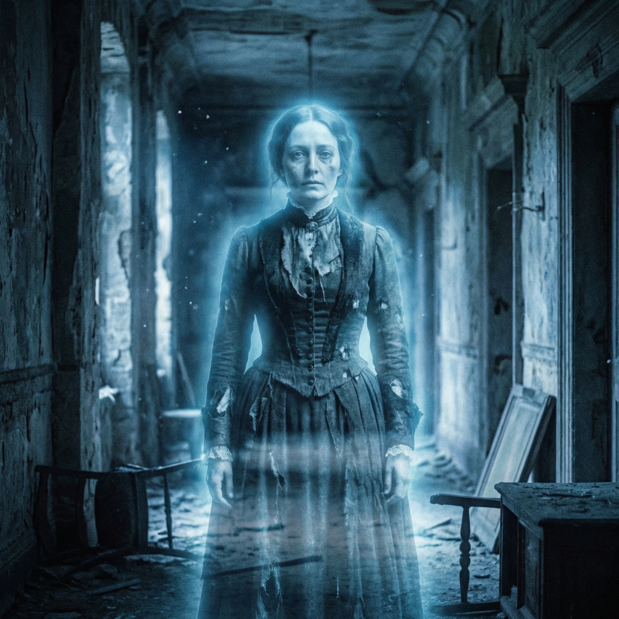 Мрачный призрак в заброшенном особняке — Nano Banana Pro промт