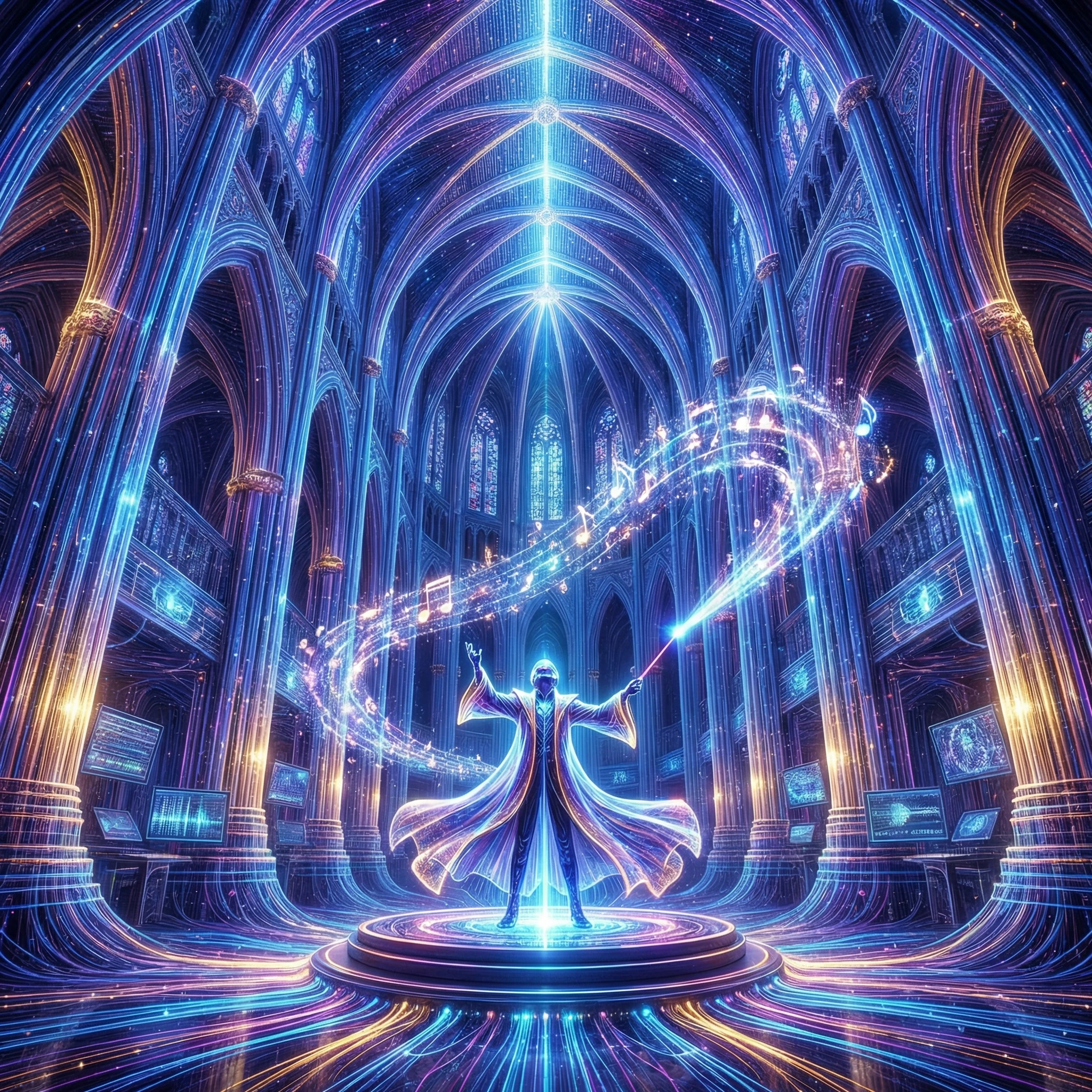 Неоновый дирижер в цифровом соборе — Nano Banana Pro промт