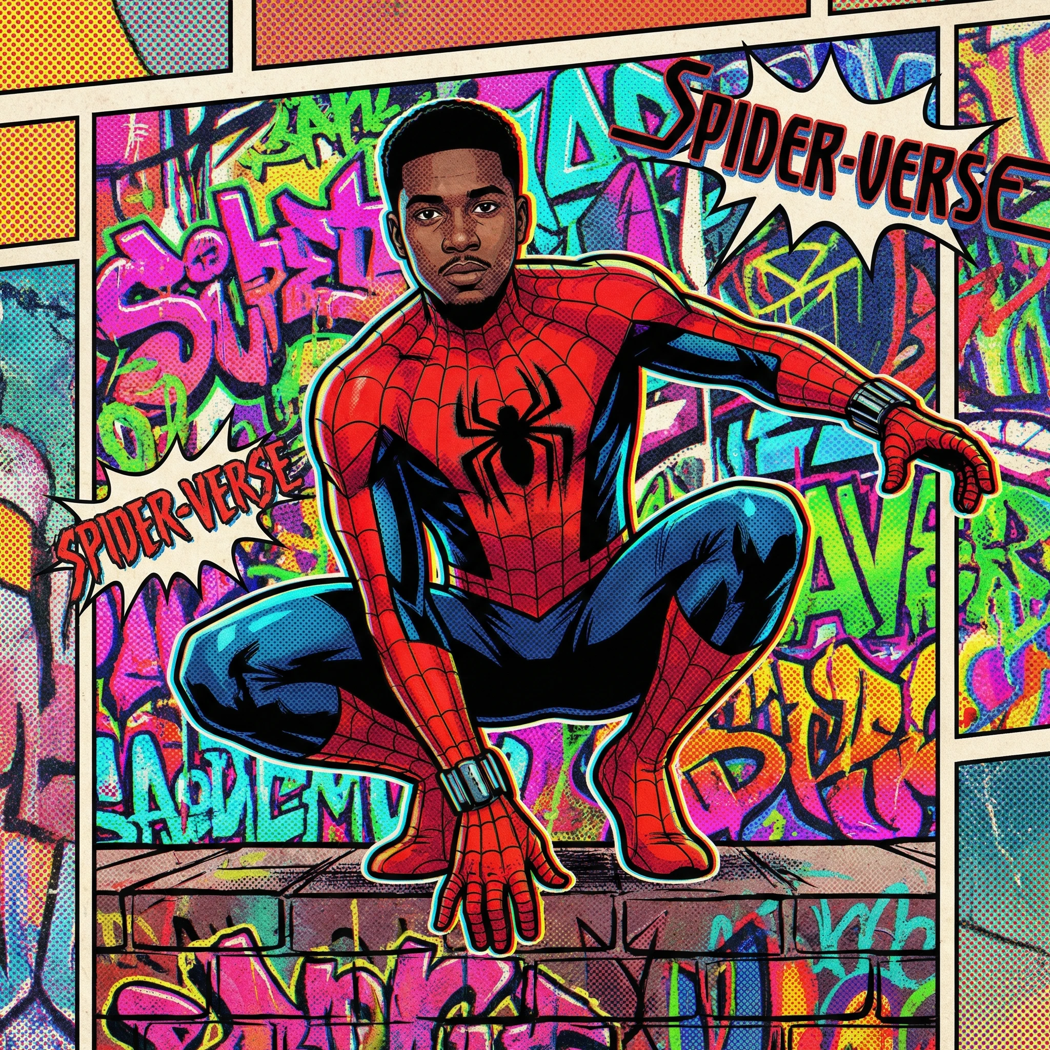 Персонаж мультфильма в стиле «Человек-паук: Через вселенные» — Nano Banana Pro промт