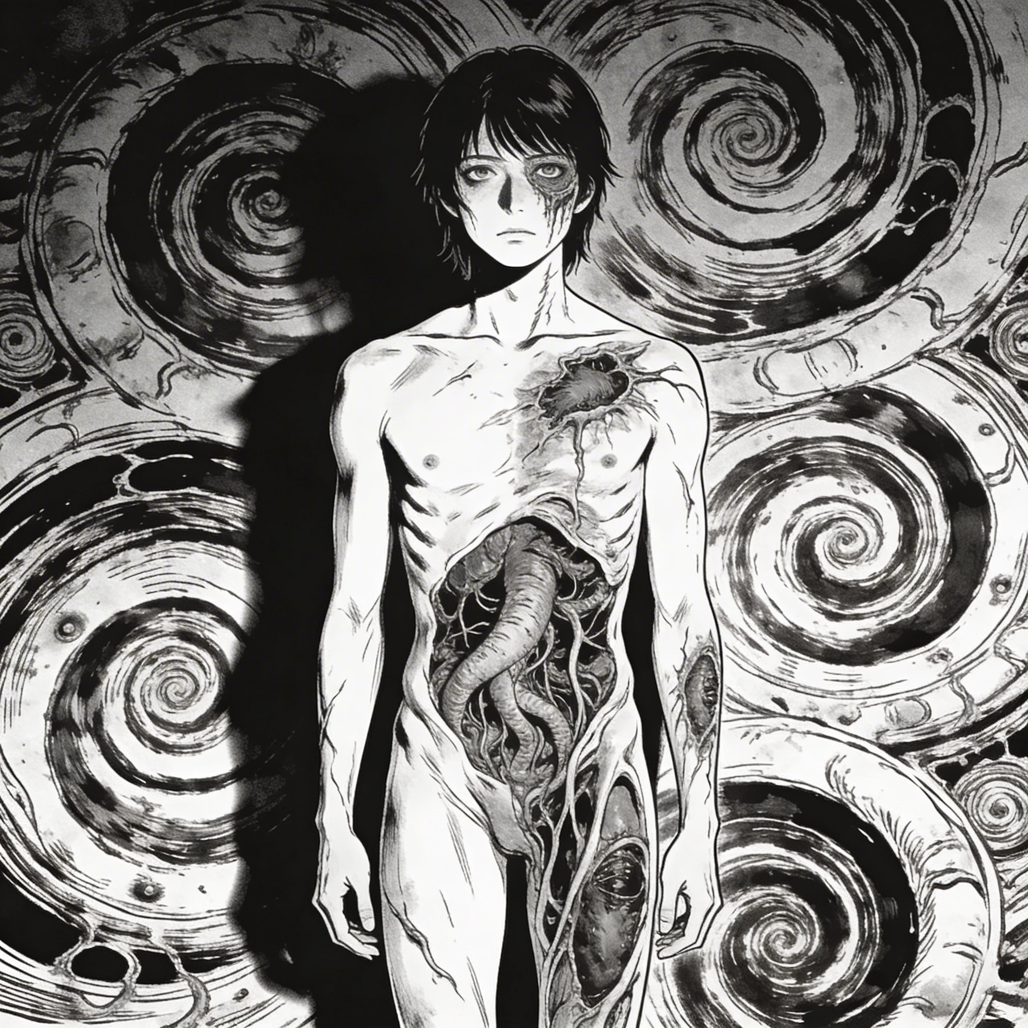 Персонаж в стиле манги ужасов Дзюндзи Ито — Seedream 4.5 промт