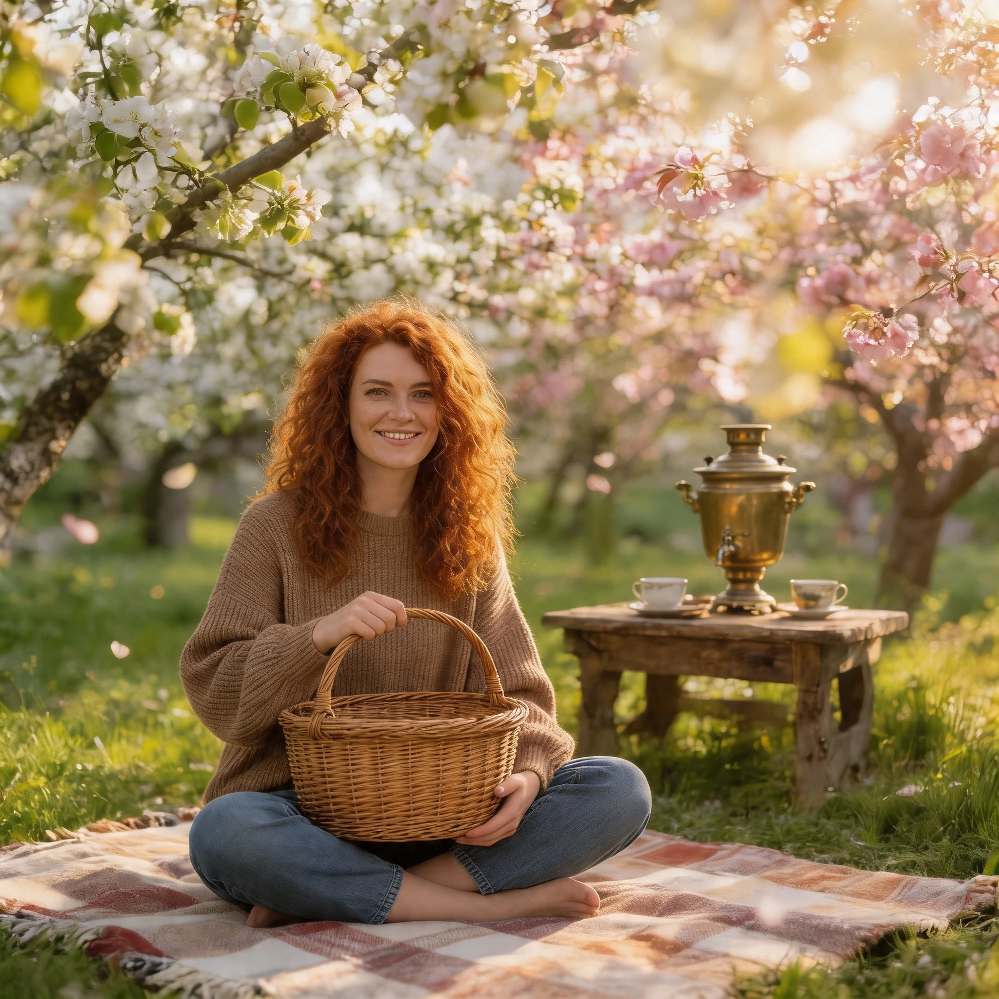 Первомайский пикник в цветущем саду — Seedream 4.5 промт
