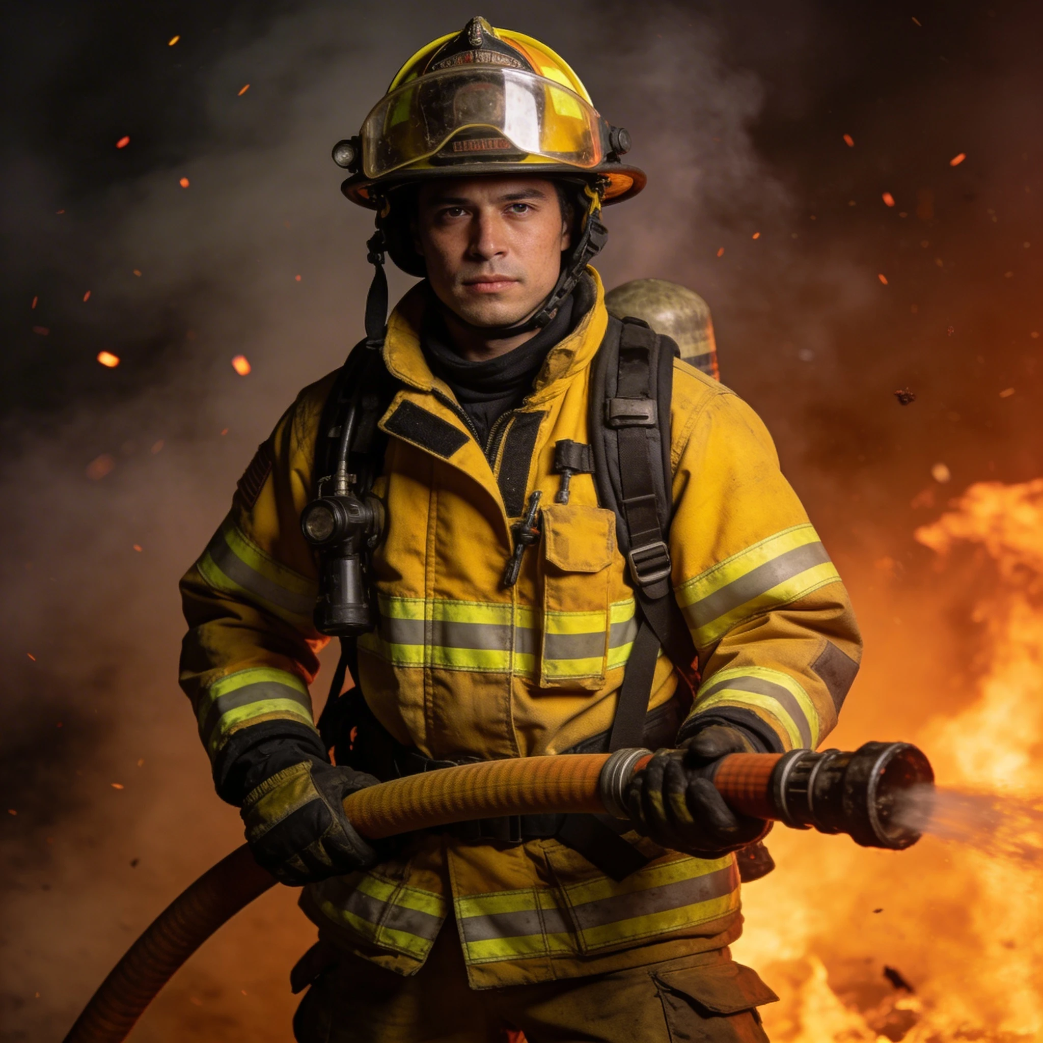 Пожарный в эпицентре борьбы с огнем — Seedream 4.5 промт