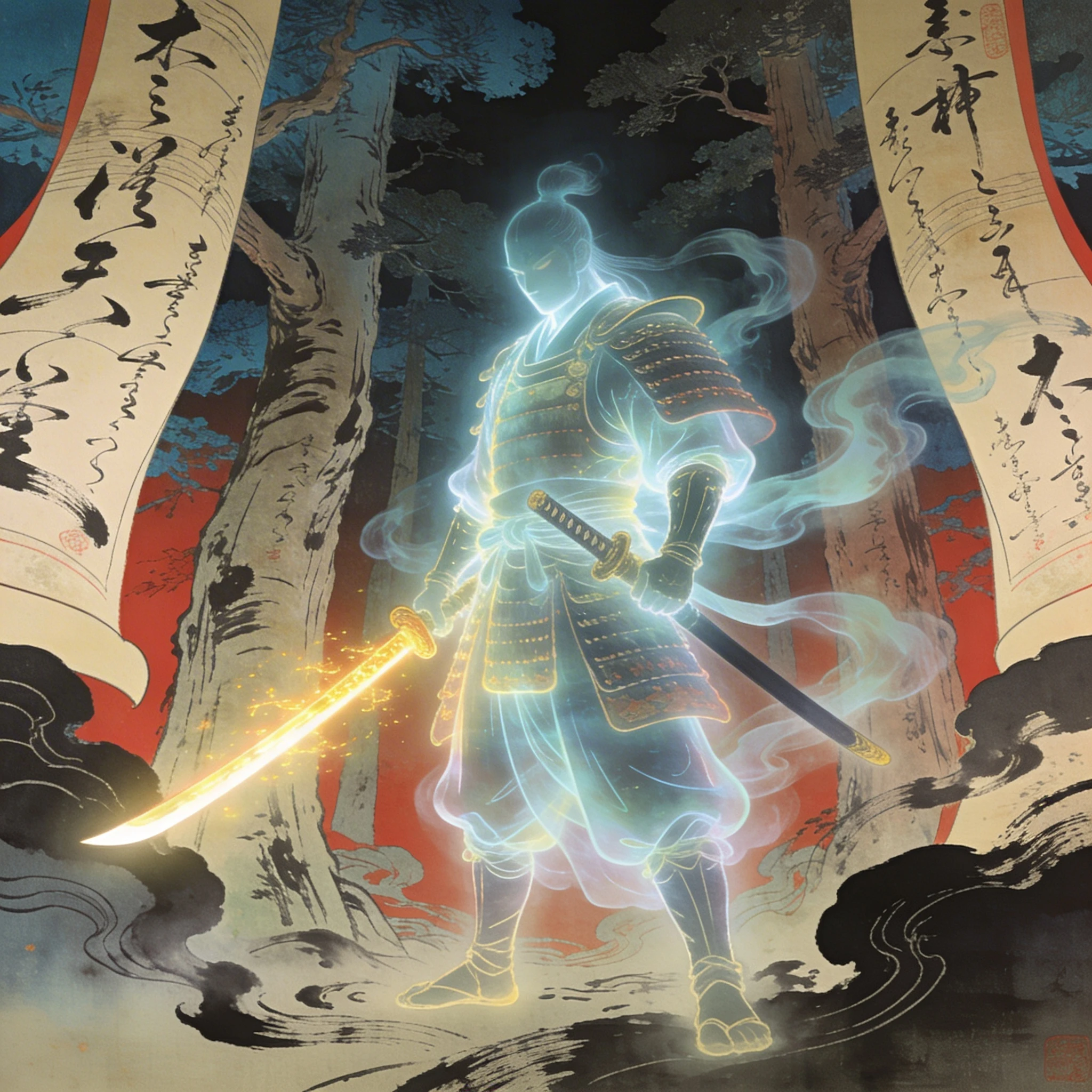 Призрачный Самурай в Лесу Оживших Свитков — Seedream 4.5 промт